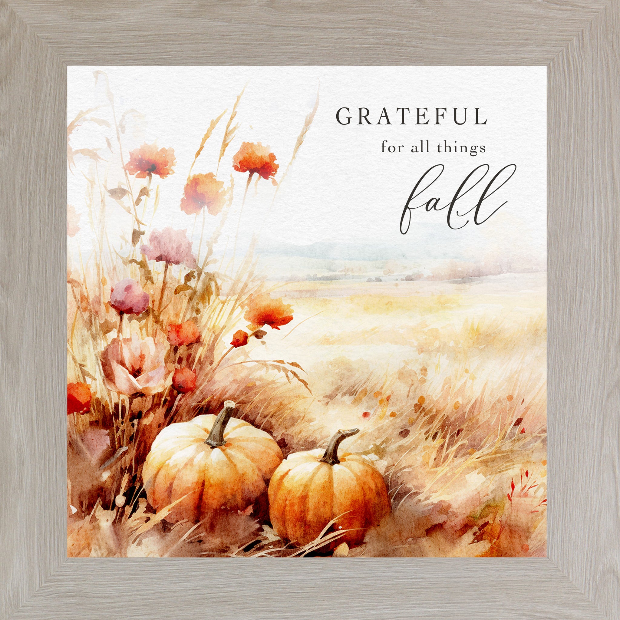 Monte Carlo framed square fall harvest wall art featuring watercolor orange pumpkins red and pink wildflowers pampas grass and golden wheat field with the words Grateful for All Things Fall in elegant mixed typography on soft background — SN173