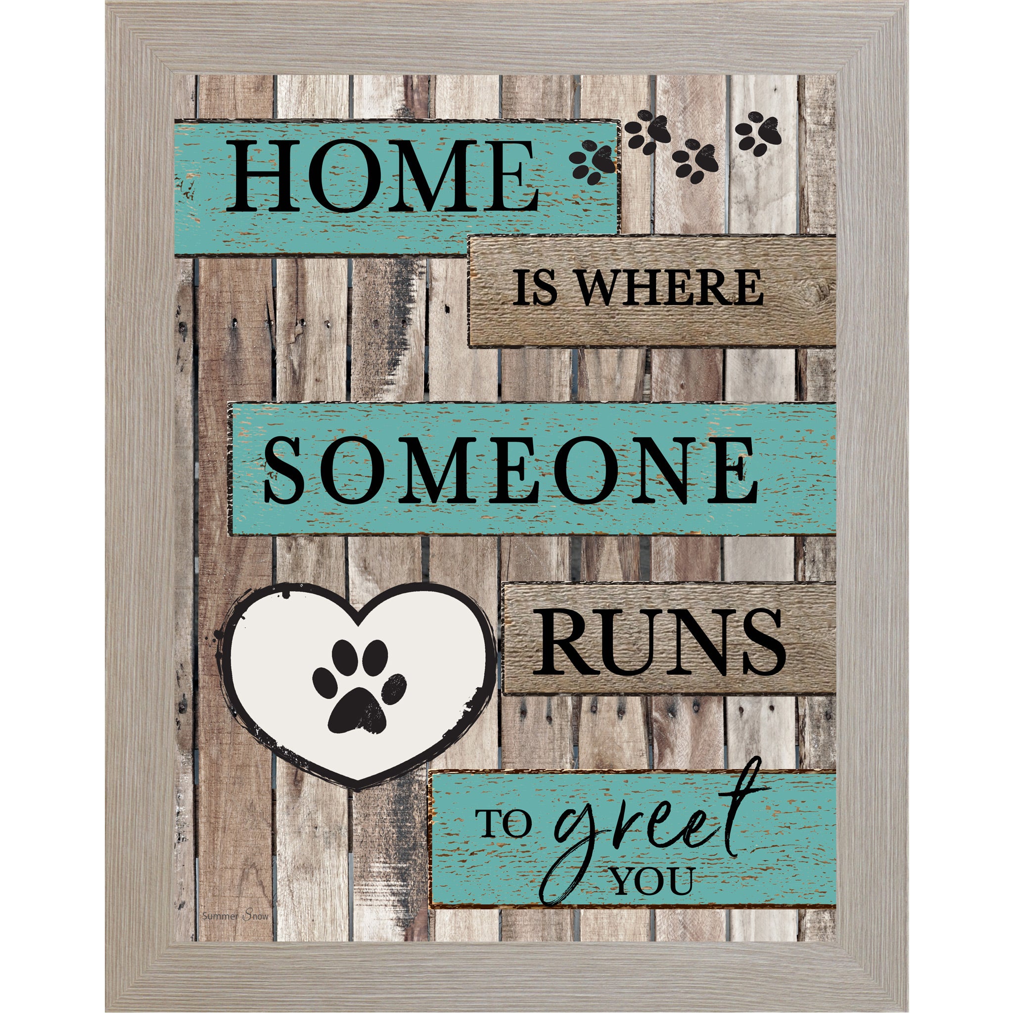 Monte Carlo framed portrait rustic pallet wood pet wall art with turquoise and wood plank banners reading Home Is Where Someone Runs to Greet You with a white paw print heart icon