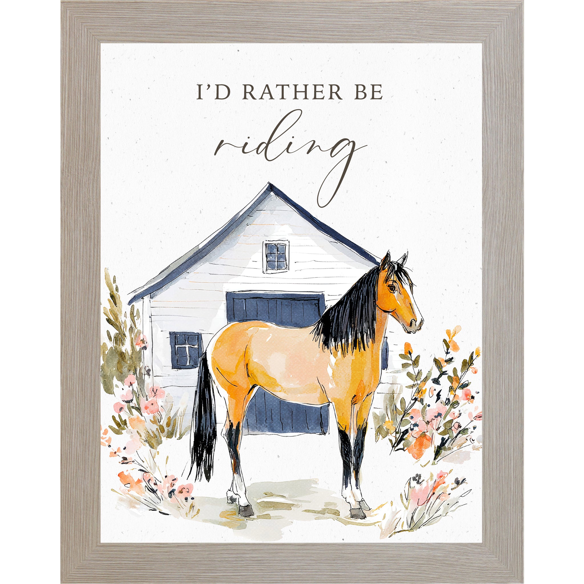 Monte Carlo framed portrait watercolor horse wall art with the words I'd Rather Be Riding above a buckskin horse with black mane standing in front of a white barn with navy doors surrounded by peach wildflowers