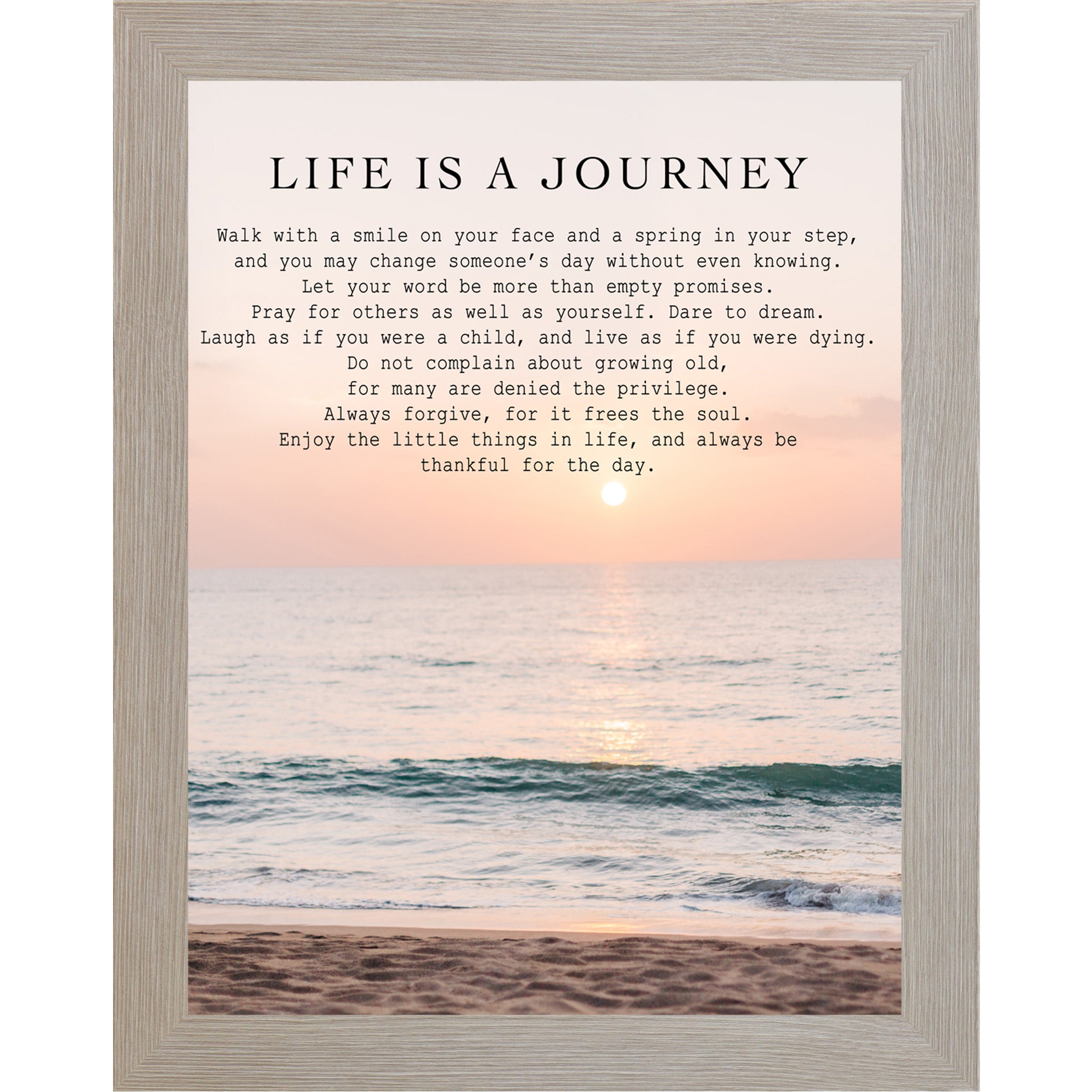 Monte Carlo framed portrait inspirational wall art with the Life Is a Journey poem set against a soft peach and coral beach sunset with teal ocean waves and sandy shoreline