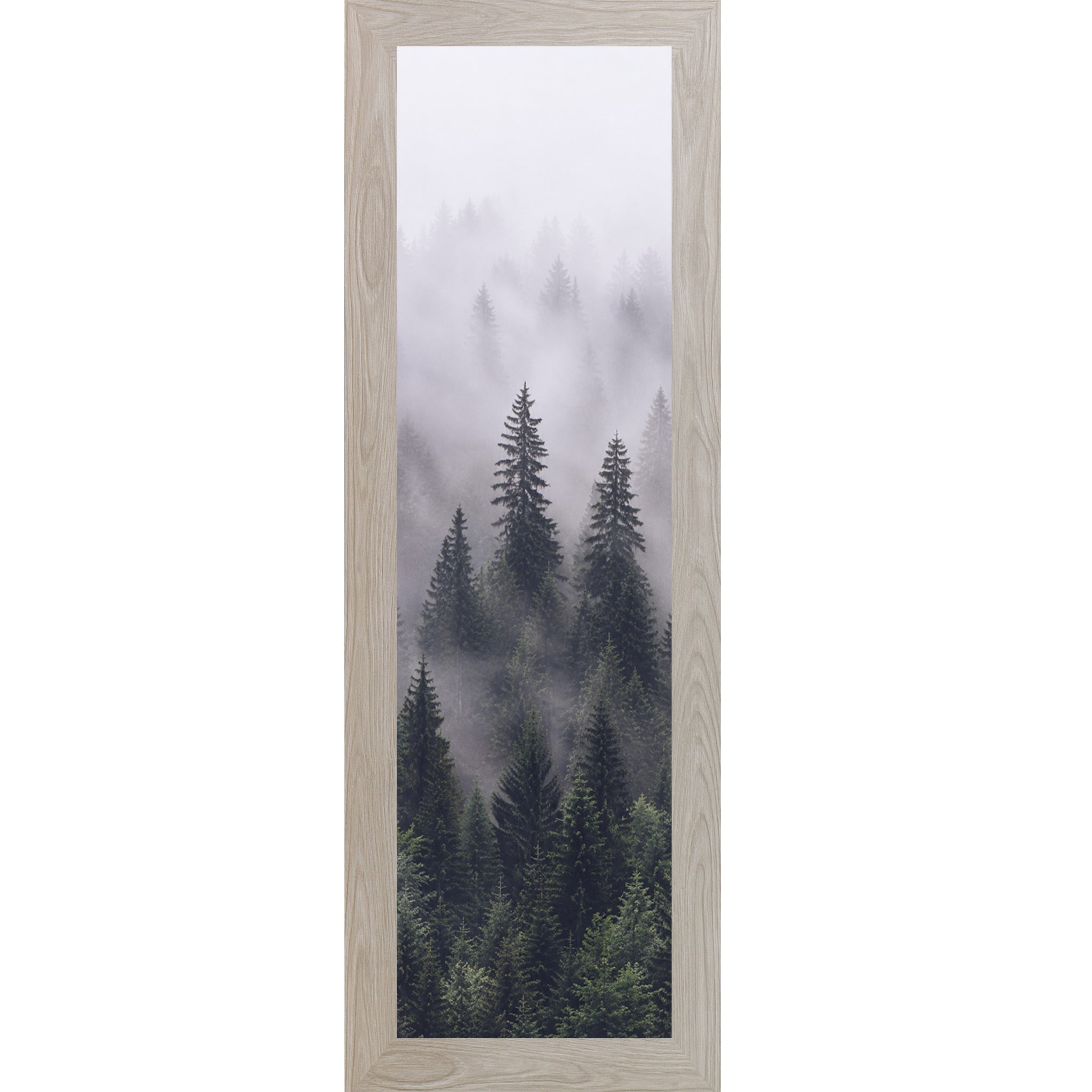Monte Carlo framed narrow portrait nature wall art featuring two sentinel pine trees rising through rolling mountain fog with dense green canopy below fading into pale misty white above
