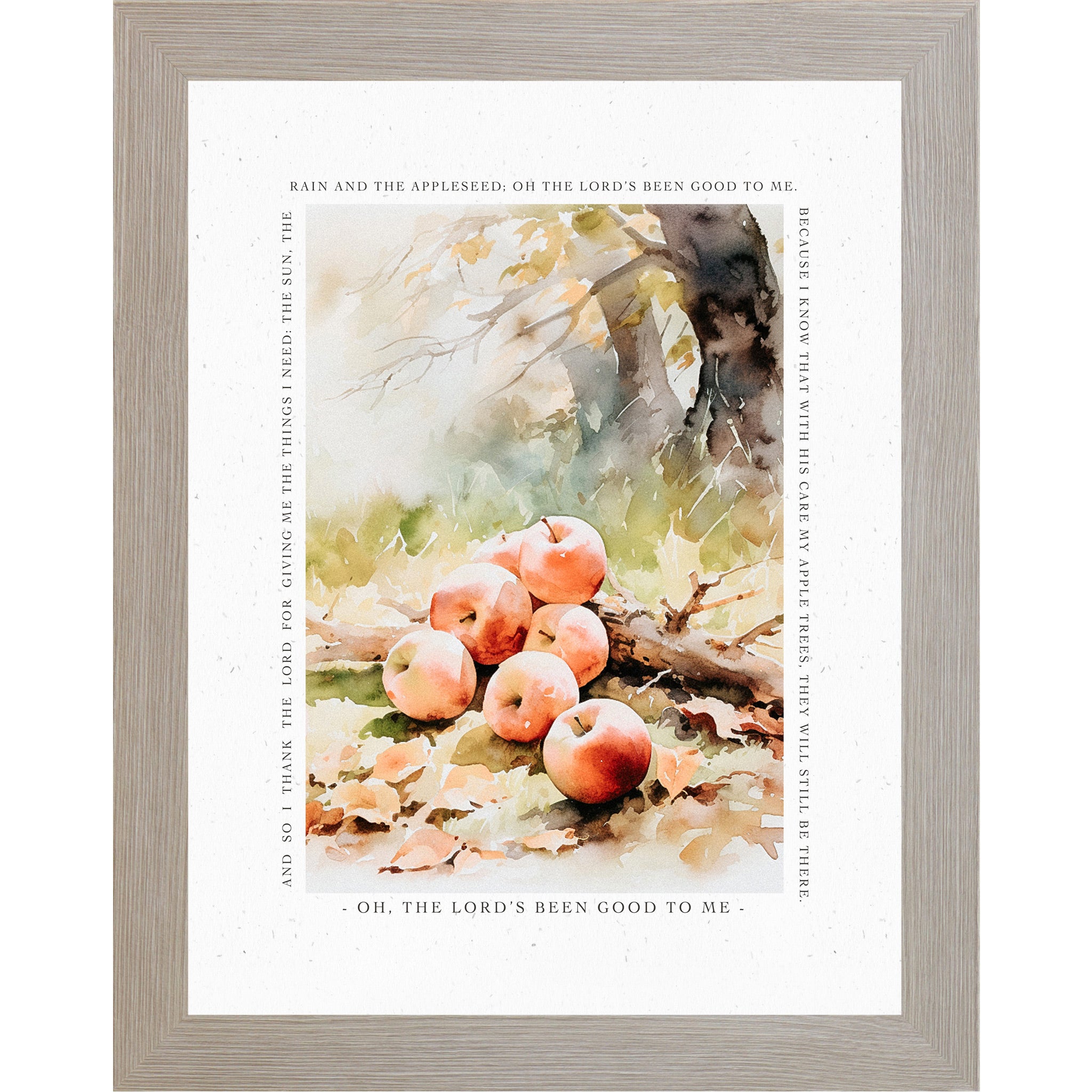 Monte Carlo framed portrait Christian fall wall art featuring watercolor red apples under autumn tree on golden fall leaves surrounded by complete Johnny Appleseed prayer border — Oh The Lord's Been Good To Me — SN396