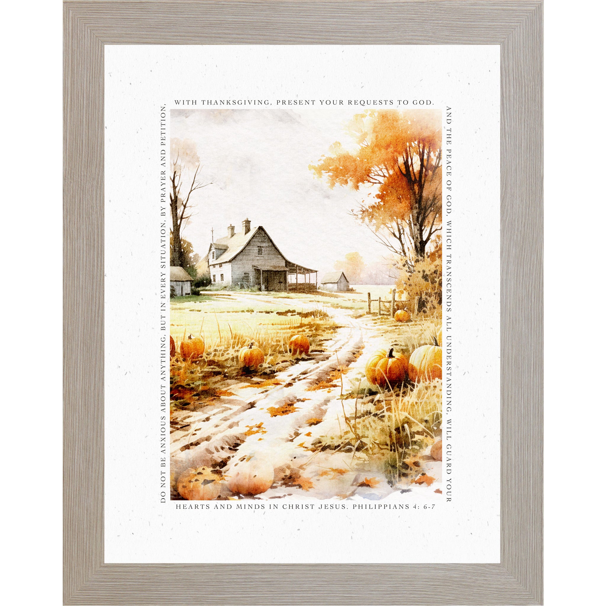Monte Carlo framed portrait fall scripture wall art featuring watercolor farm lane with pumpkins and old barn surrounded by complete Philippians 4:6-7 verse border — SN390