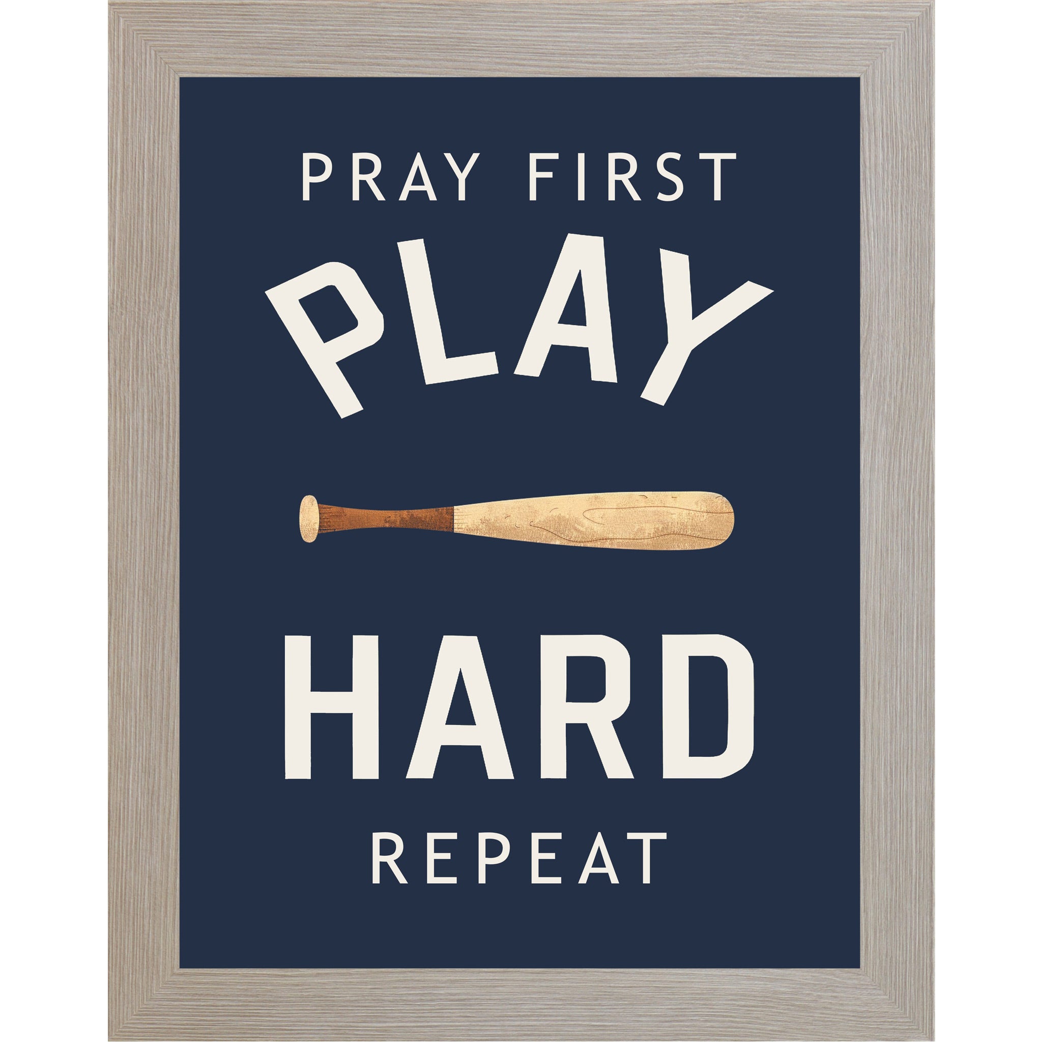 Monte Carlo framed portrait Christian baseball wall art on navy blue background with bold cream varsity typography and wooden baseball bat with the words Pray First Play Hard Repeat — SB258