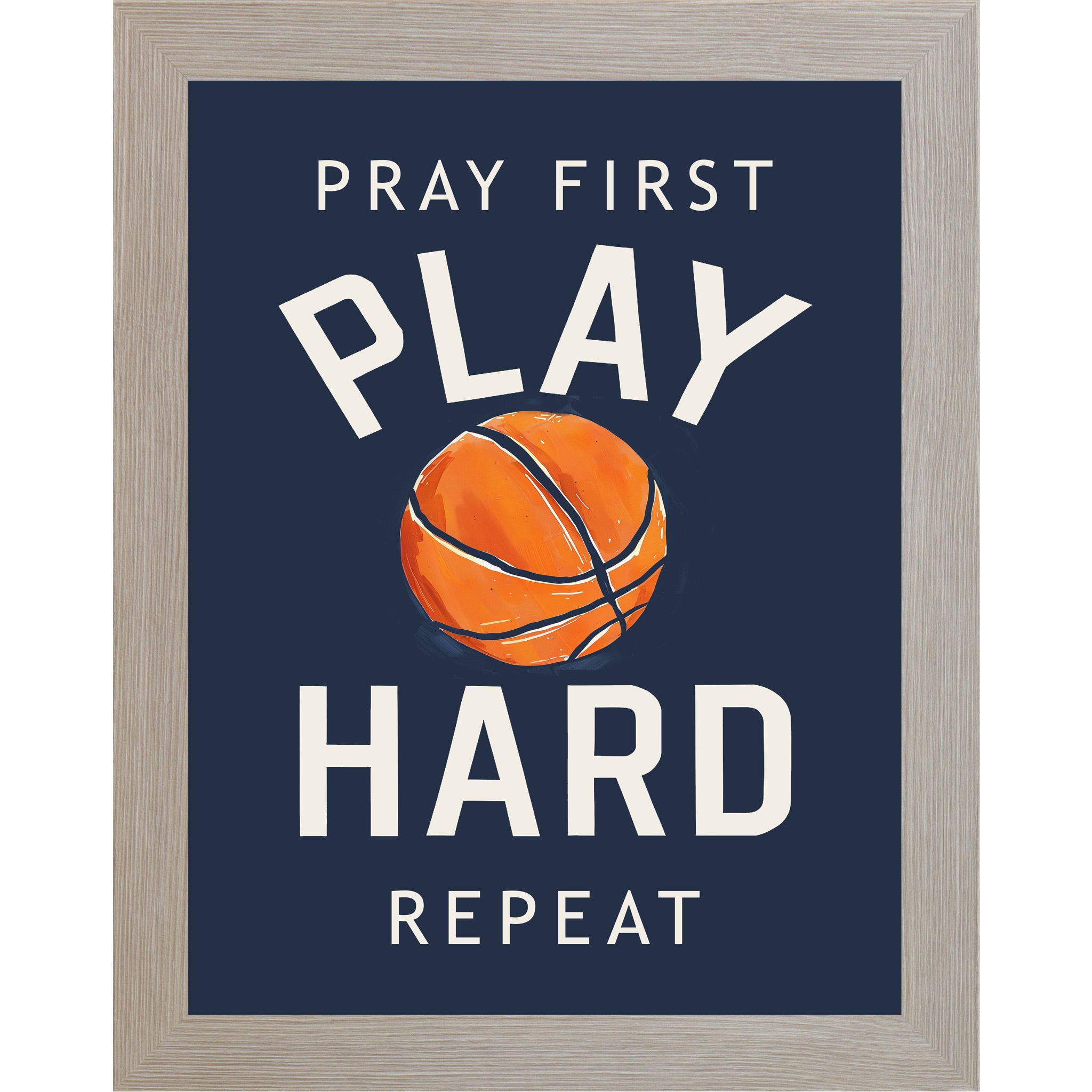 Monte Carlo framed portrait Christian basketball wall art on navy blue background with bold cream varsity typography and vivid orange watercolor basketball with the words Pray First Play Hard Repeat — SB259