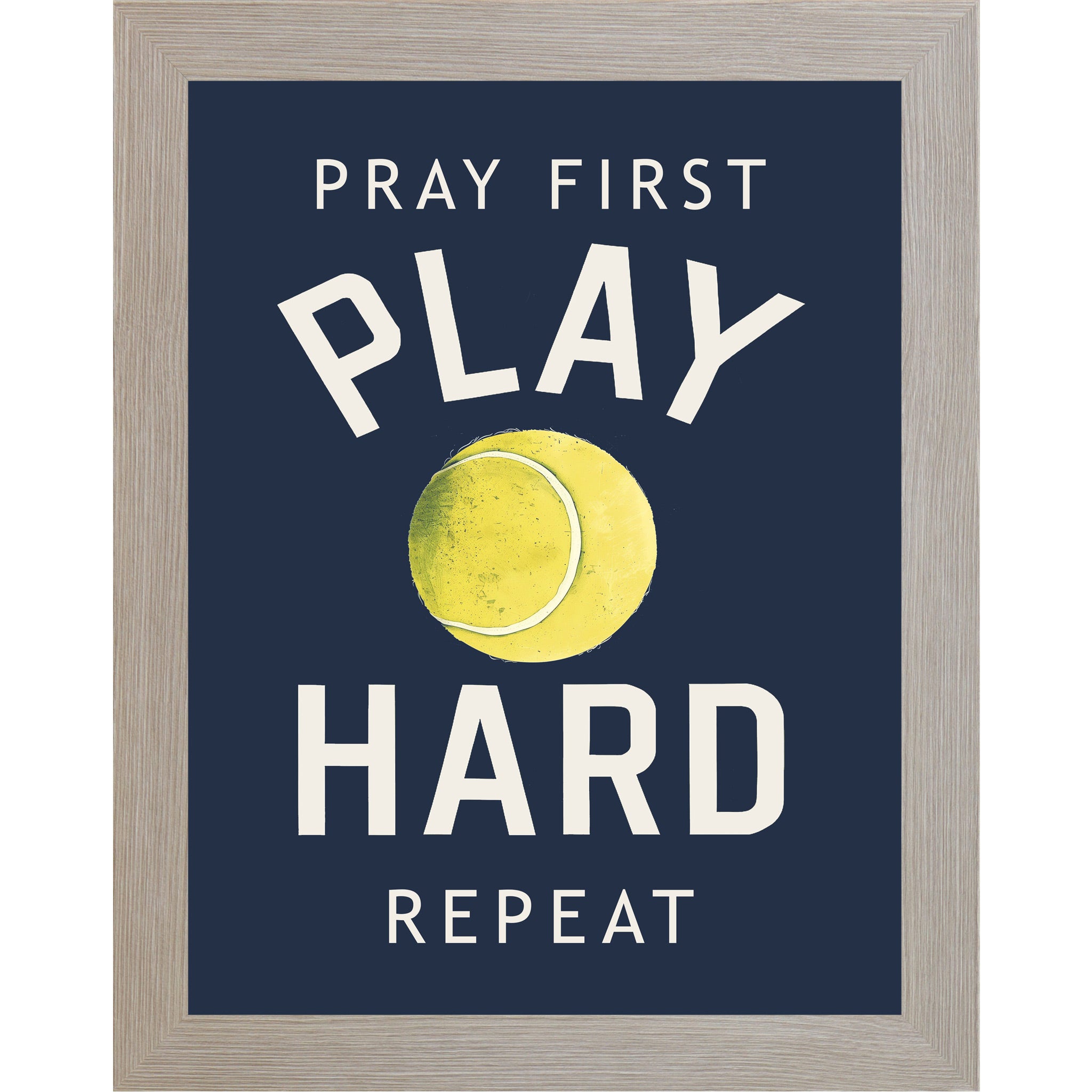 Monte Carlo framed portrait Christian tennis wall art on navy blue background with bold cream varsity typography and vivid yellow-green tennis ball with the words Pray First Play Hard Repeat — SB263