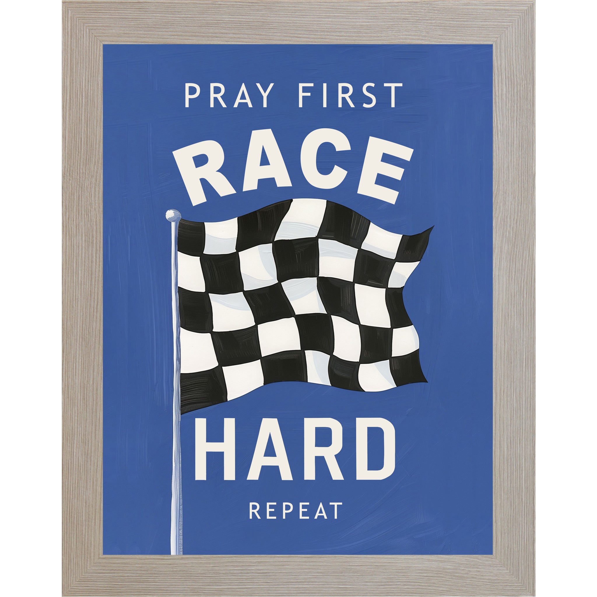 Monte Carlo framed portrait Christian racing wall art on vivid blue background with bold cream typography and classic black and white checkered flag with the words Pray First Race Hard Repeat — SB264