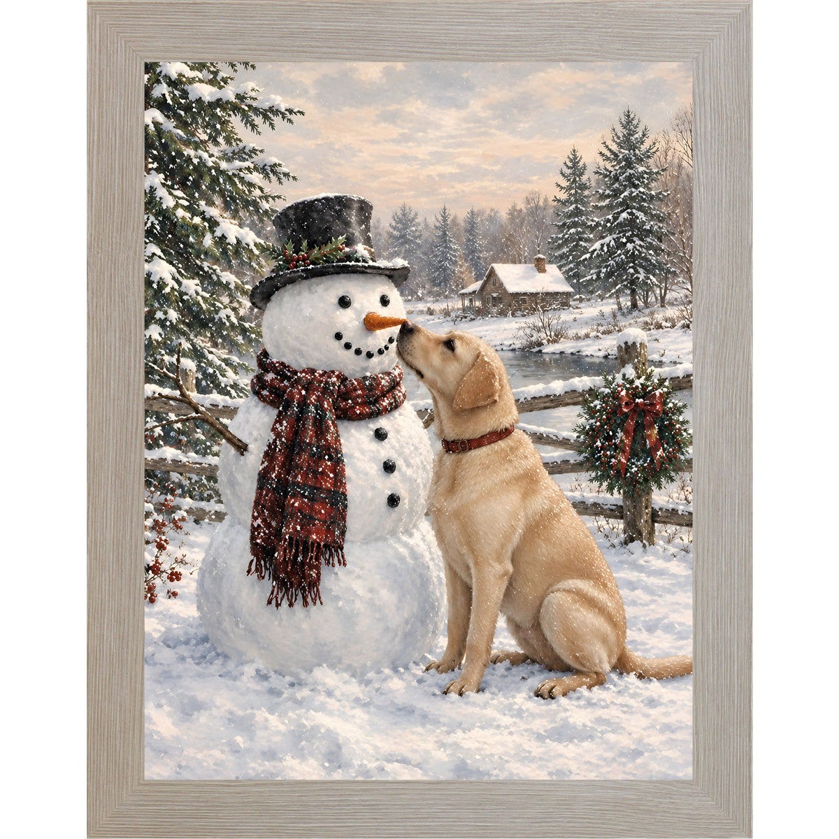 Monte Carlo framed portrait heritage Christmas wall art featuring a yellow Labrador nosing a top-hatted snowman in a plaid scarf against a snowy countryside scene