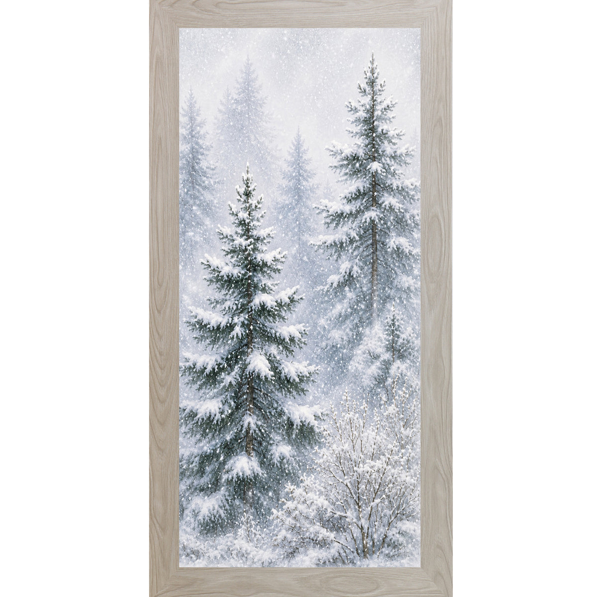 Monte Carlo framed narrow portrait watercolor winter wall art featuring a snowy pine forest with two tall evergreens leaning right through falling snow