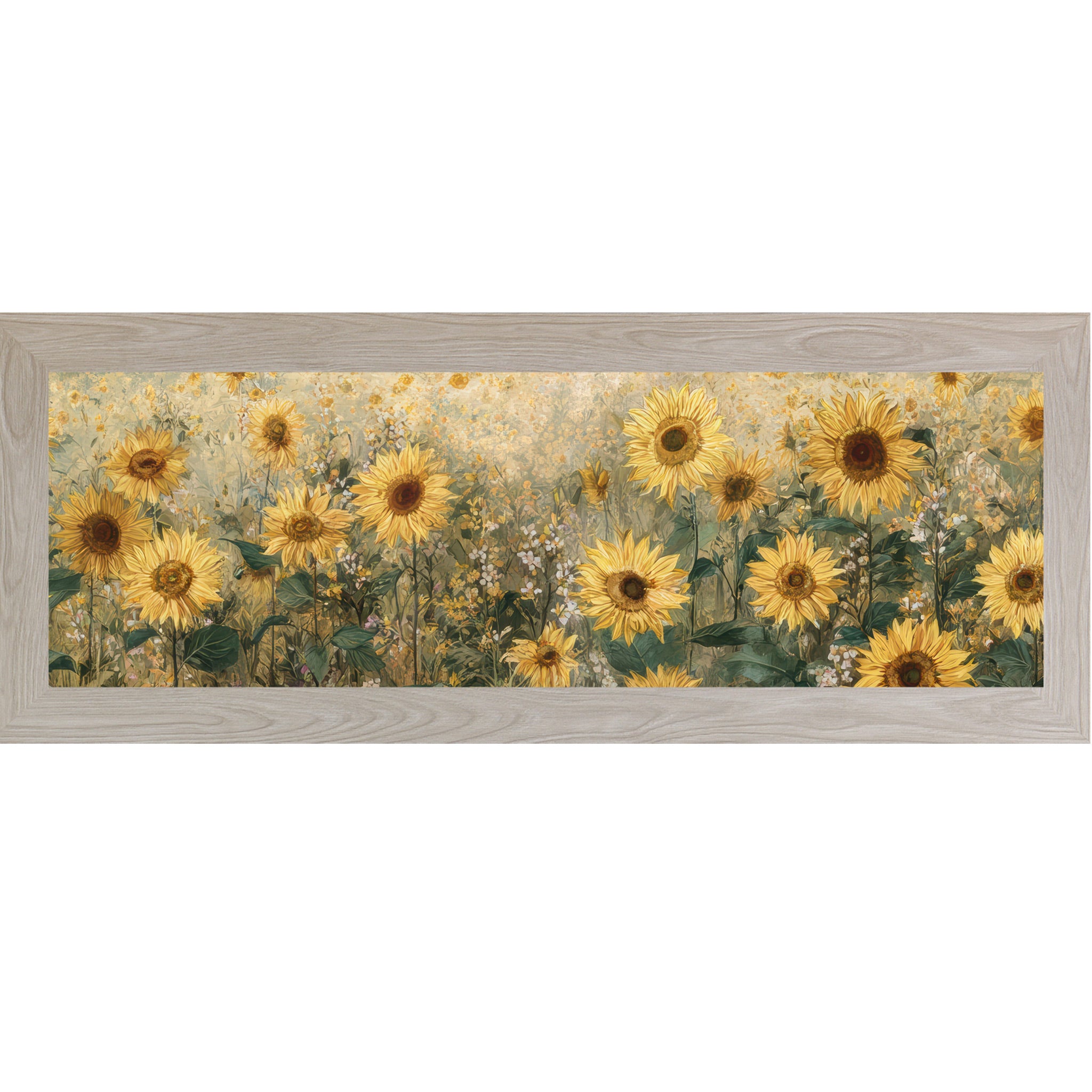 Monte Carlo framed wide landscape sunflower wall art featuring a golden field of sunflowers with deep brown centers, lush green leaves, and scattered white wildflowers against a warm aged background