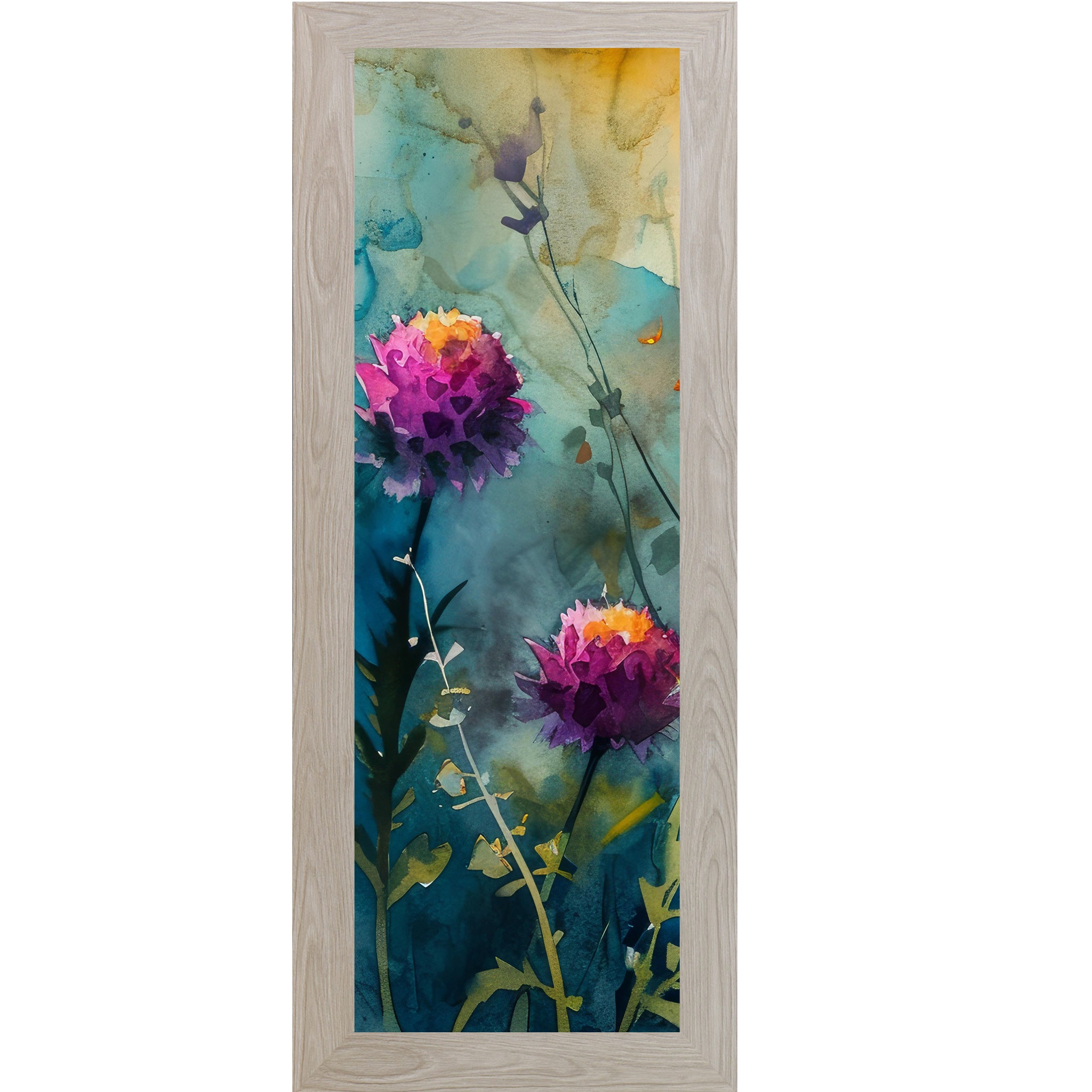 Monte Carlo framed narrow portrait watercolor wildflower wall art with two bold purple-magenta blooms against a deep teal and gold background