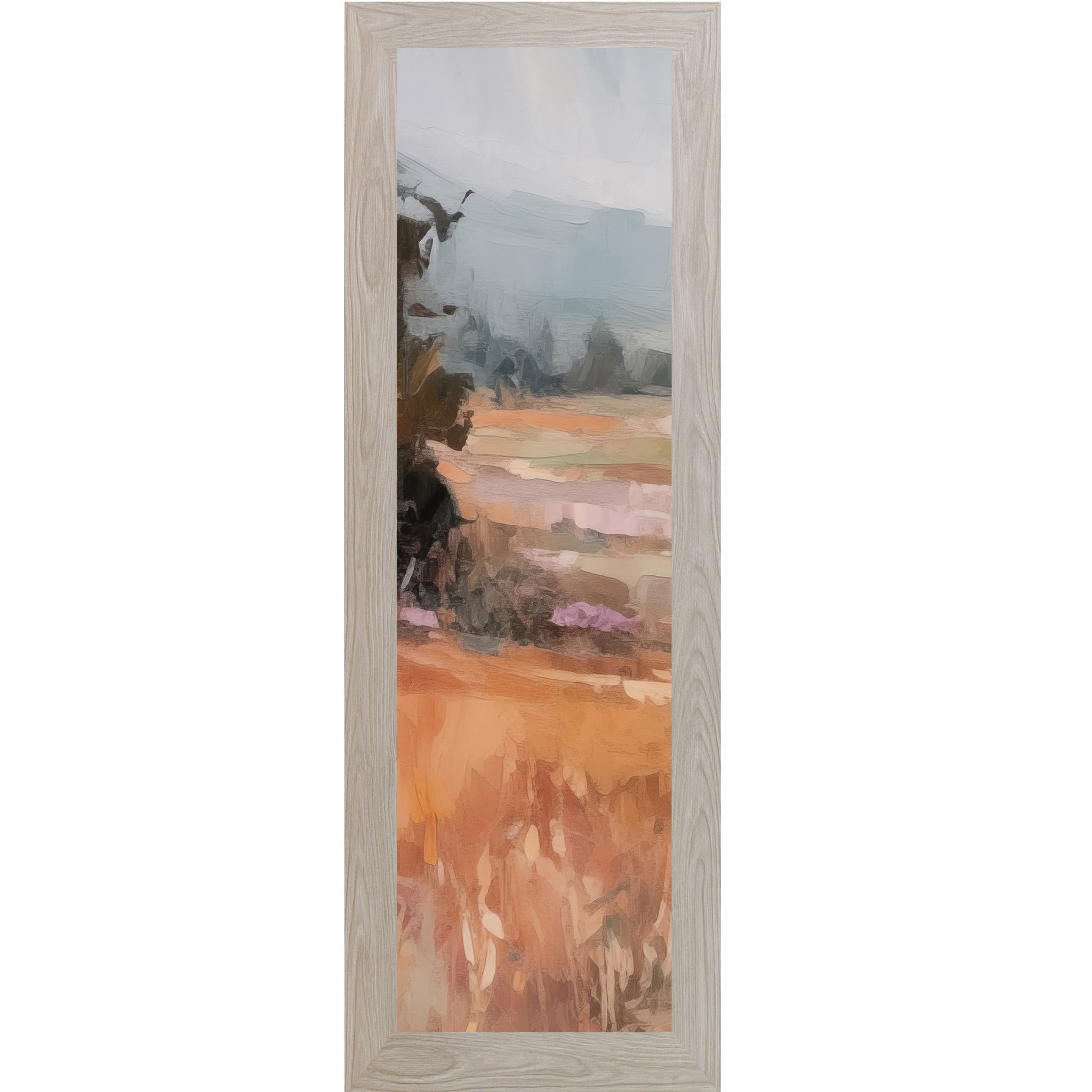 Monte Carlo framed narrow portrait abstract terracotta landscape wall art with moody blue-grey sky dark tree left edge and warm amber field with purple lavender midground tones