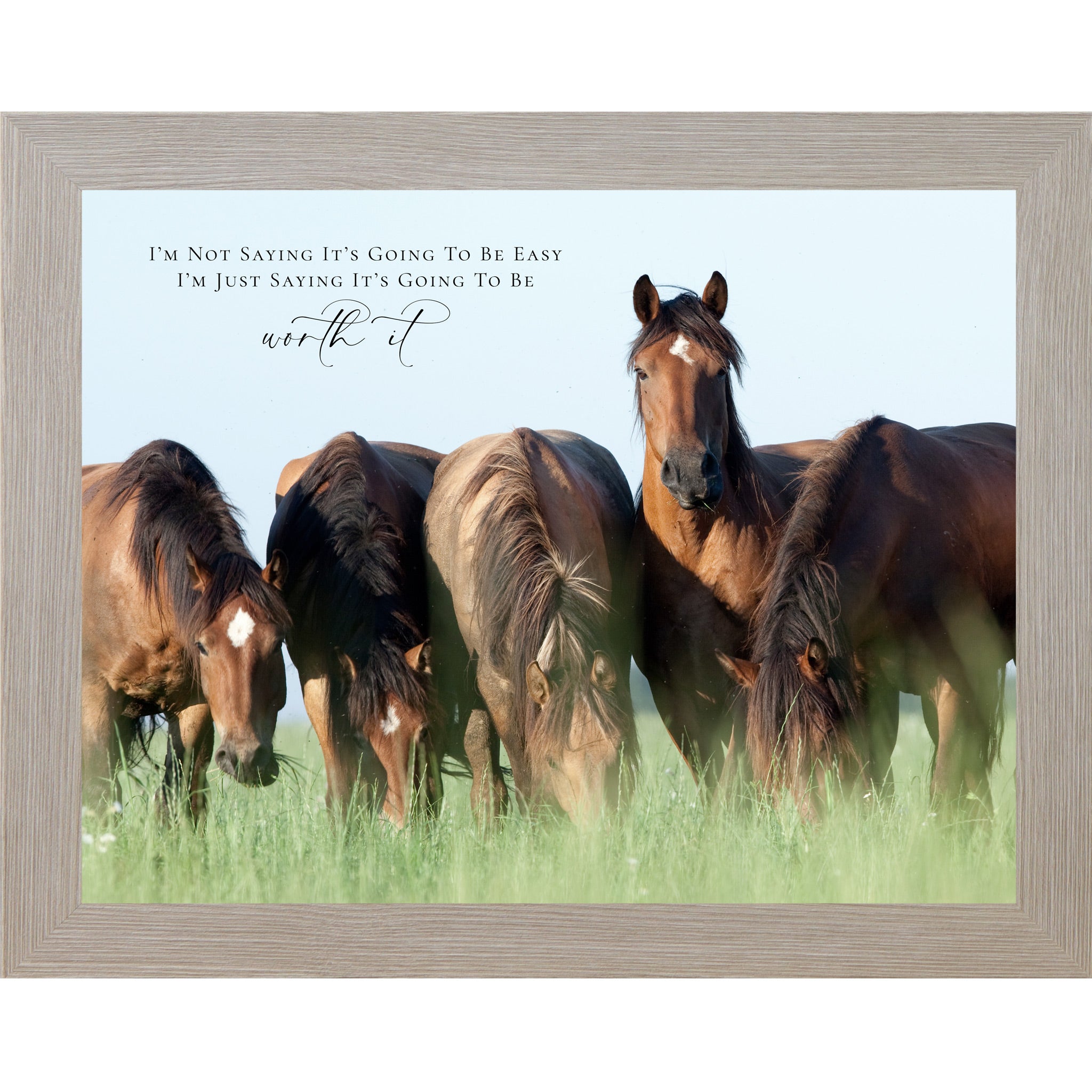 Monte Carlo framed landscape inspirational horse wall art with four bay horses grazing in a green summer field with the quote I'm Not Saying It's Going to Be Easy I'm Just Saying It's Going to Be Worth It