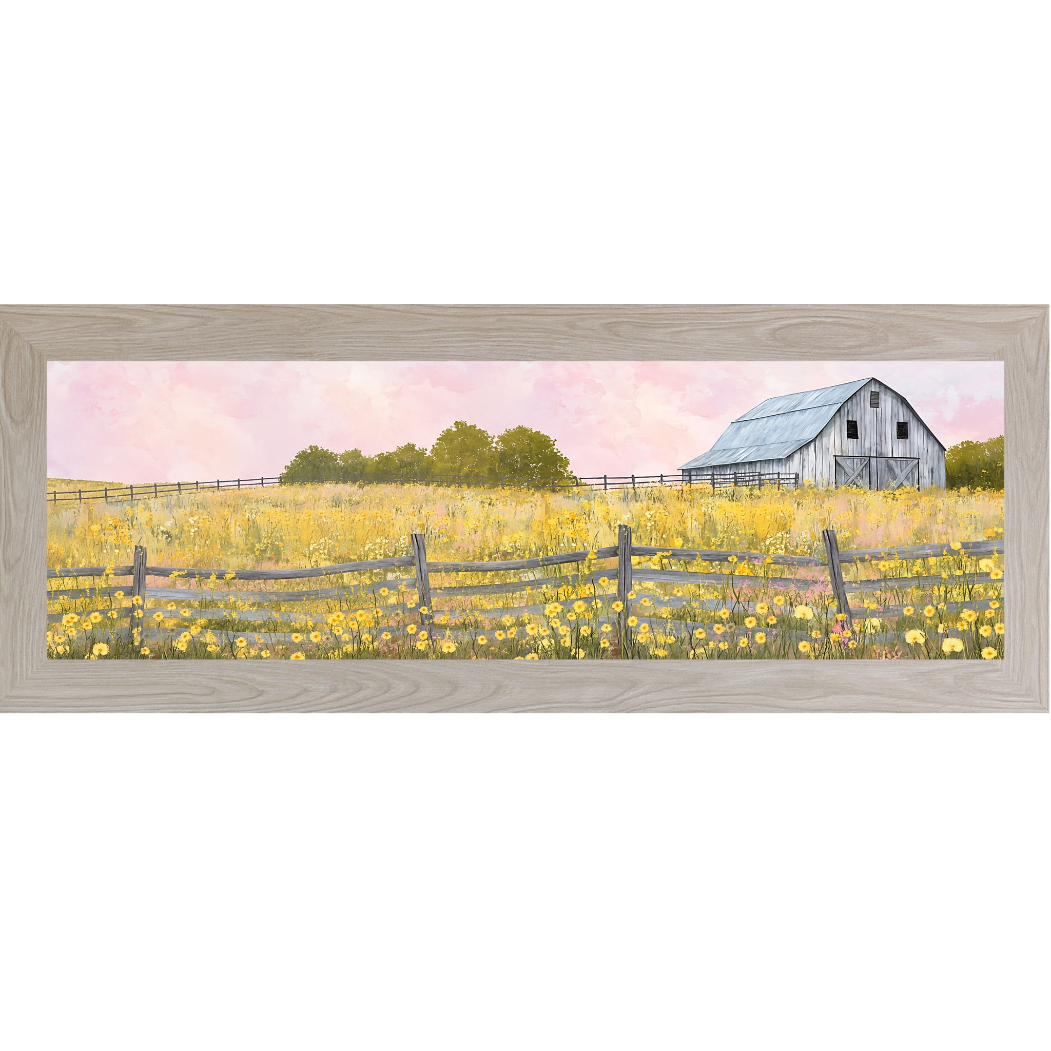Monte Carlo framed wide landscape farmhouse wall art featuring a watercolor gray barn in a yellow wildflower meadow with split rail fence and soft pink sky — Yellow Wildflower Barn SB950