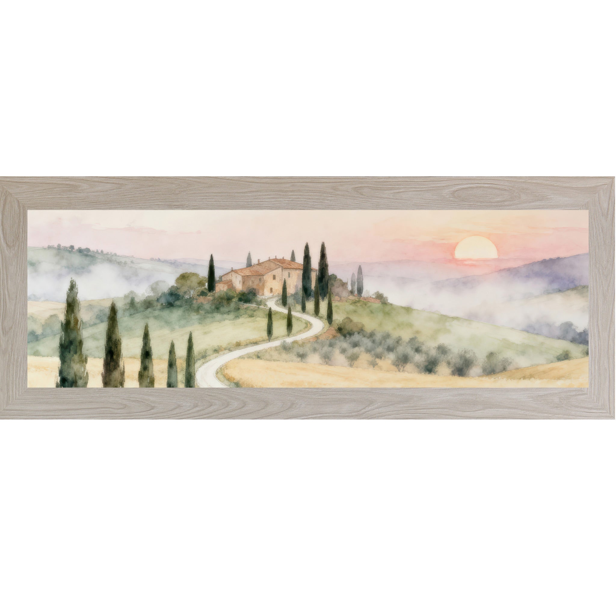 Monte Carlo framed wide landscape Tuscan watercolor wall art featuring a winding white road through golden wheat fields and cypress trees leading to a terracotta villa on a green hillside with a peach and coral sunrise