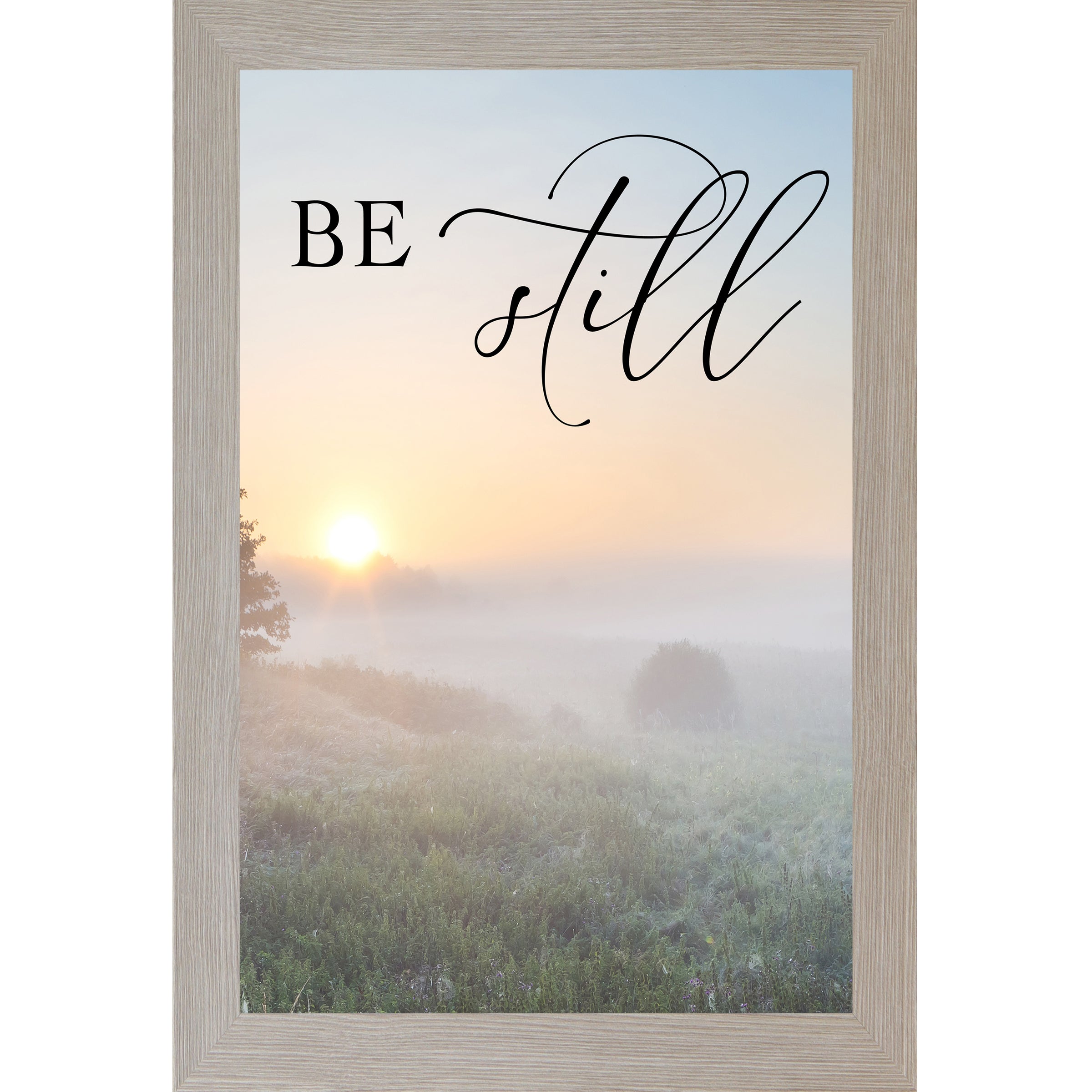 Monte Carlo framed tall portrait Christian scripture wall art with misty sunrise field ground fog silhouetted trees and the words "Be Still" Psalm 46:10 — 27x40 inches