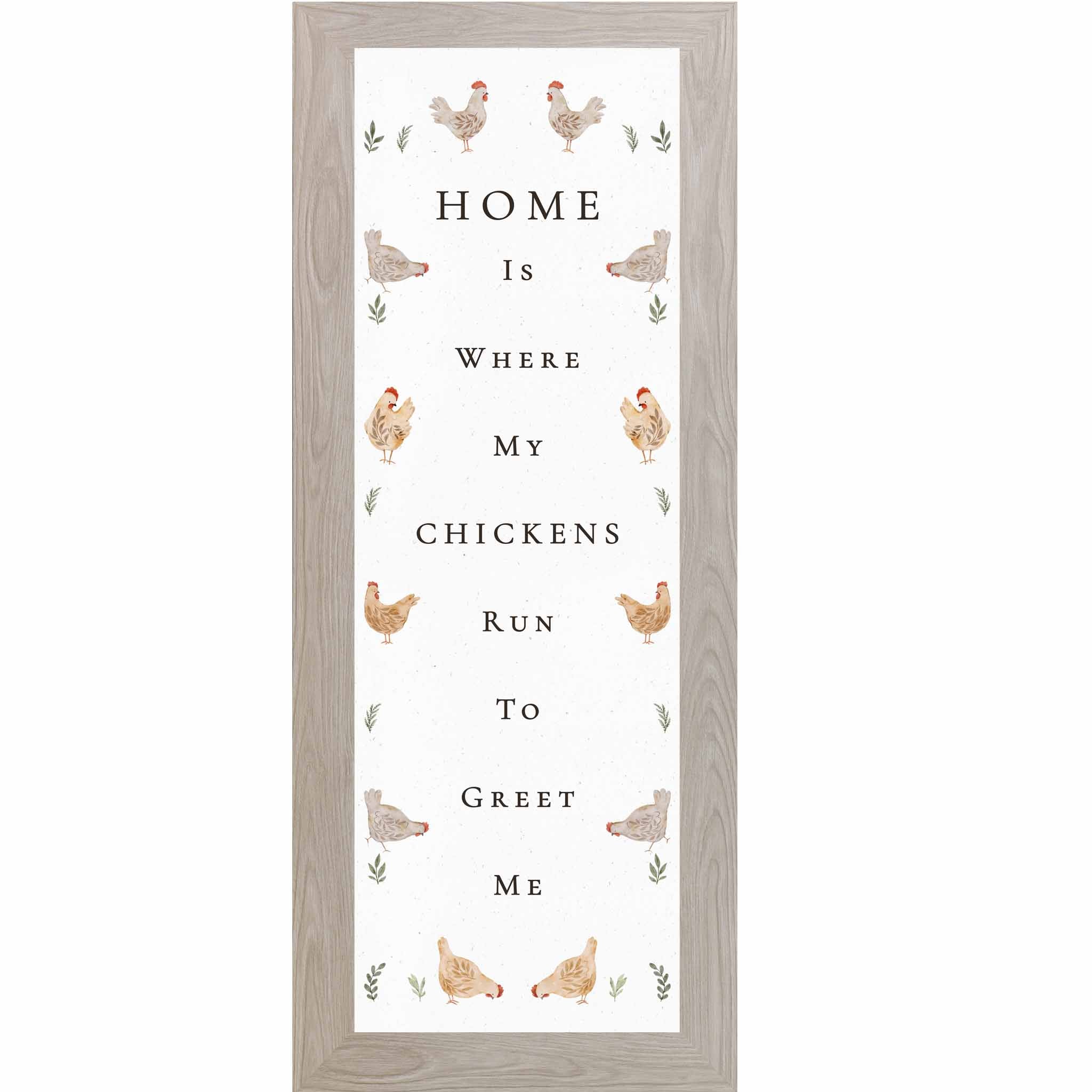 Vertical farmhouse chicken wall art with watercolor hens and the quote Home is where my chickens run to greet me.