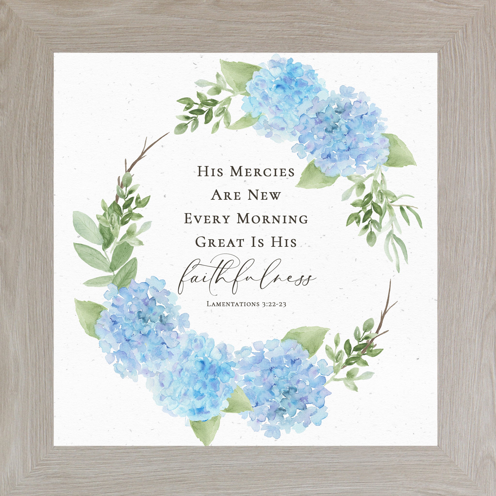 Square hydrangea wreath scripture wall art featuring Lamentations 3:22-23 with blue florals and green leaves on neutral background framed by Summer Snow.
