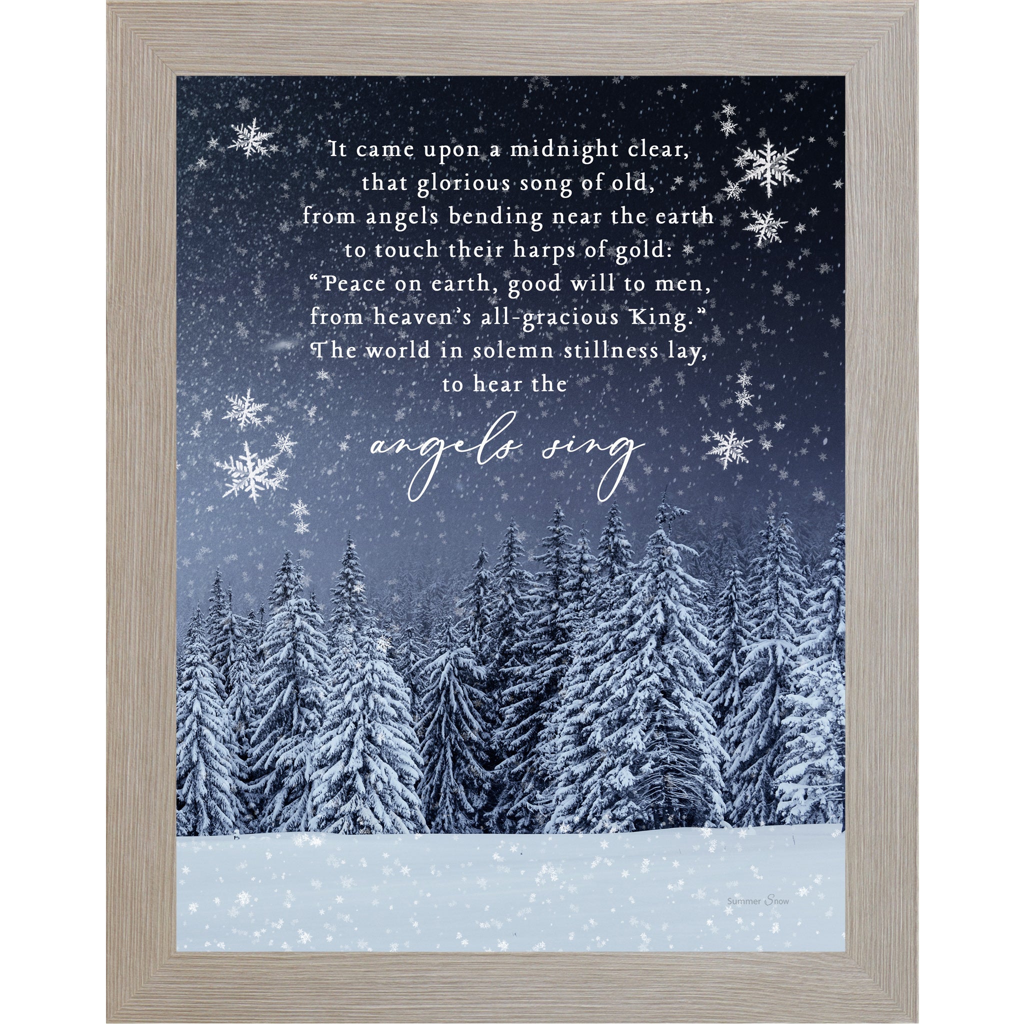 Christmas wall art featuring snowy evergreen trees under a midnight blue sky with the full carol It Came Upon a Midnight Clear displayed in elegant white lettering.