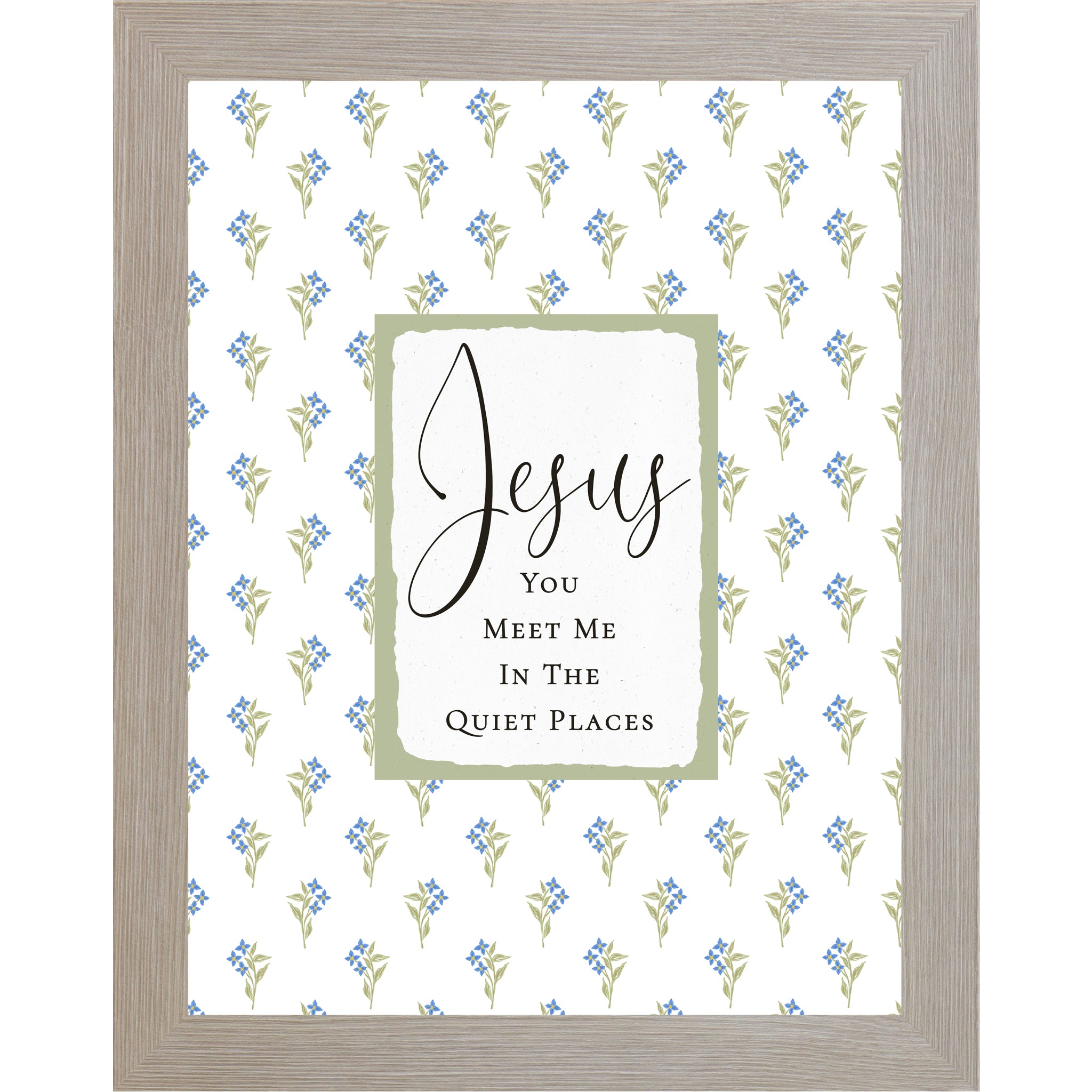 Christian floral wall art featuring blue flowers and green stems with a sage center panel reading “Jesus You Meet Me In The Quiet Places” in a vertical framed design.