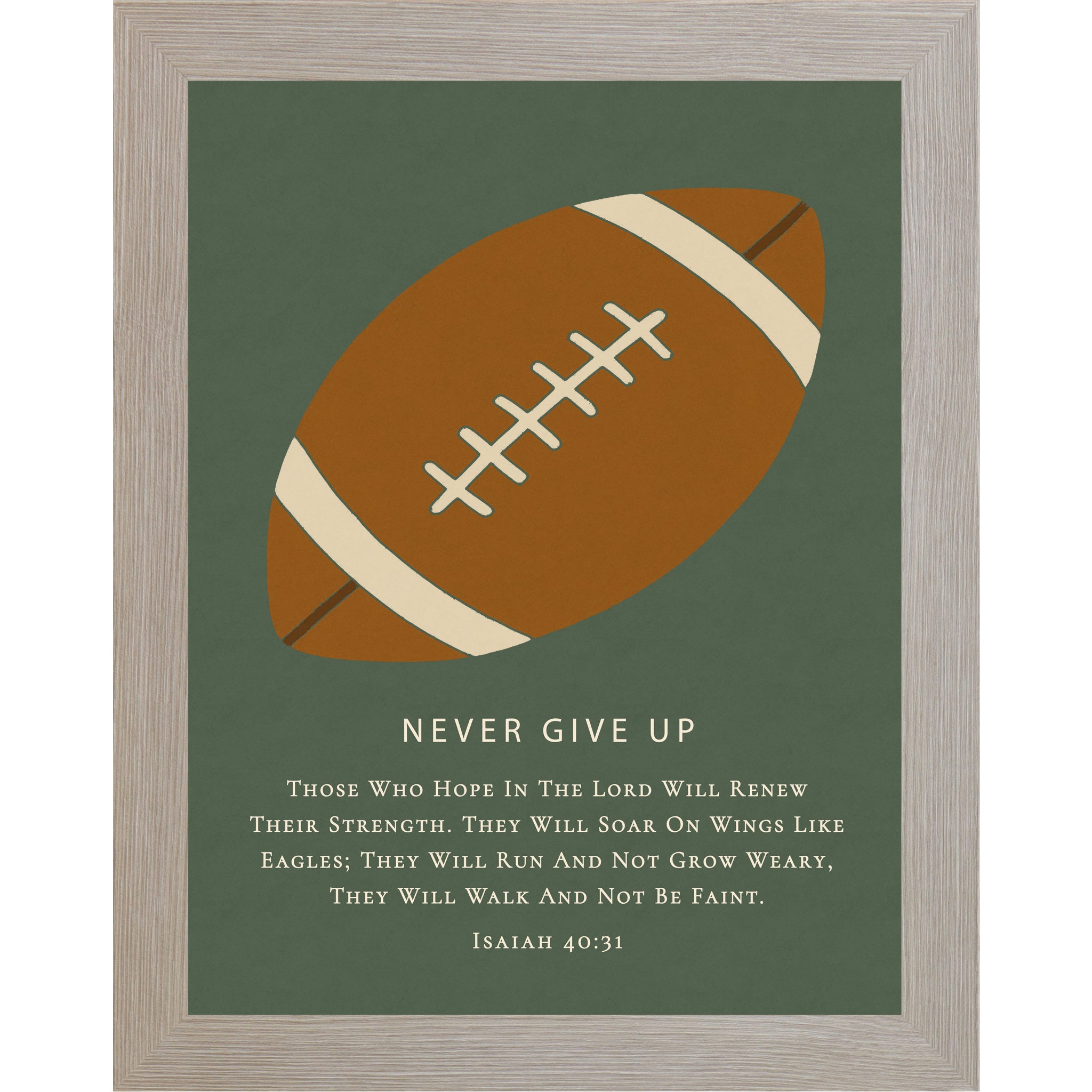 Monte Carlo color framed Christian football wall art featuring a football illustration with the phrase Never Give Up and Isaiah 40:31 scripture on a green background
