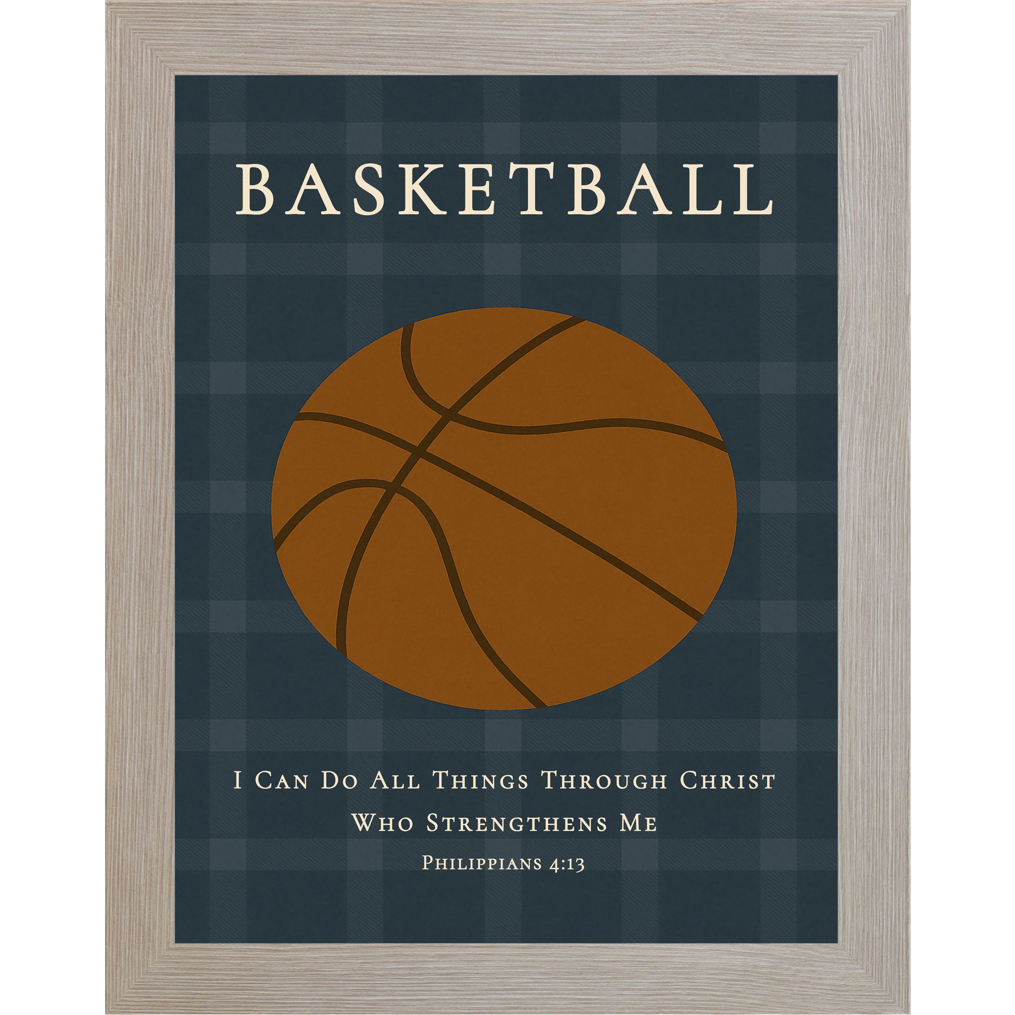 Monte Carlo colored frame of Christian basketball wall art featuring a basketball illustration with the Bible verse Philippians 4:13 on a blue plaid background.