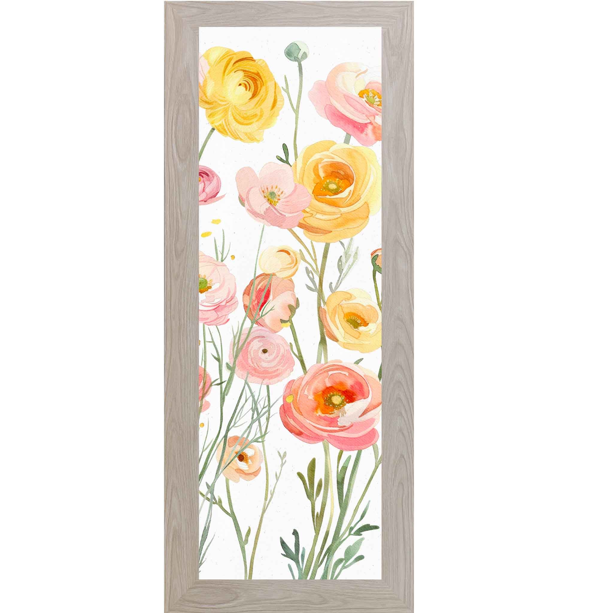 Vertical watercolor ranunculus wall art with golden yellow and peach blooms on soft white background, tall slim botanical framed decor 8x20 to 14x40