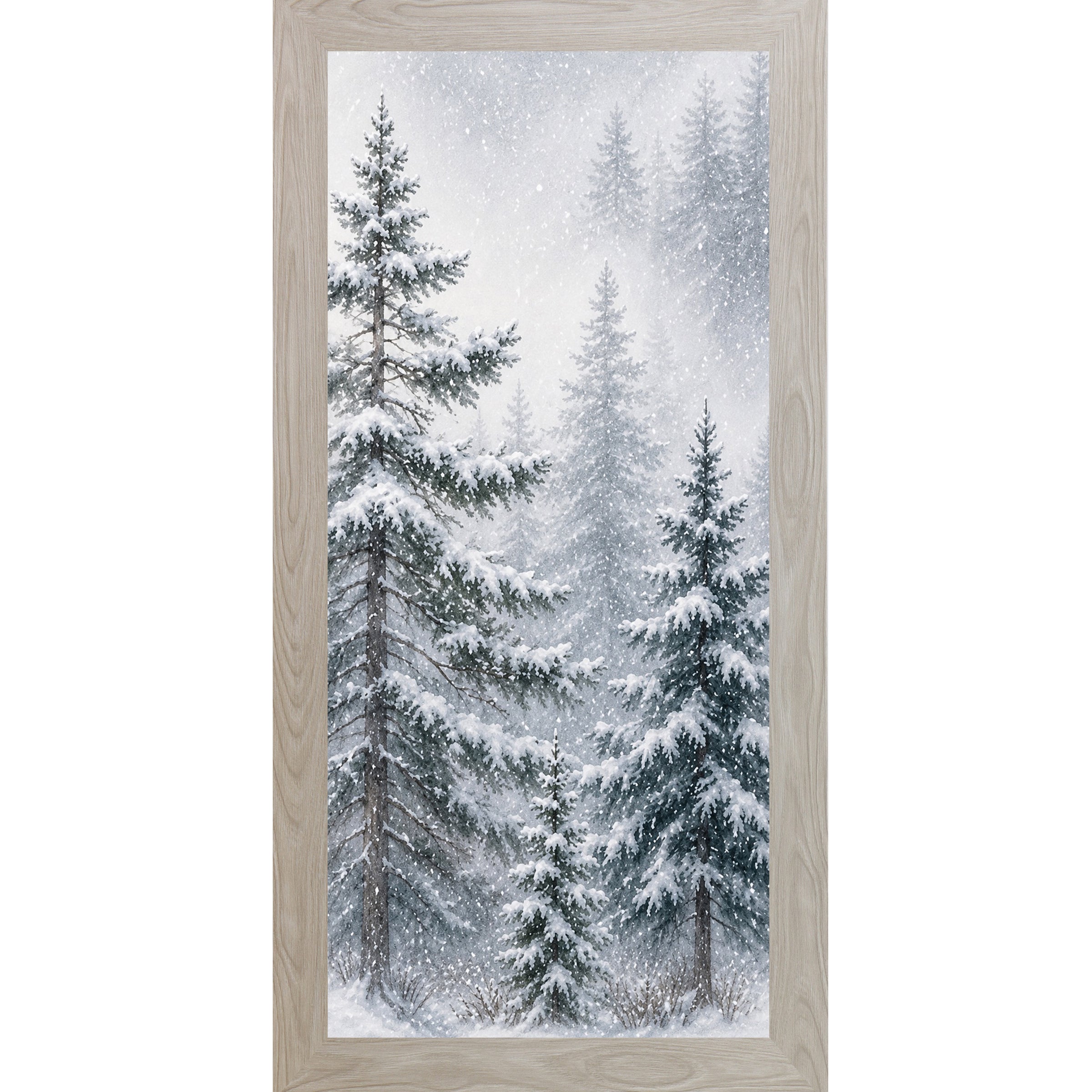 Monte Carlo framed narrow portrait watercolor winter wall art featuring a snowy pine forest with a tall evergreen leaning left through falling snow