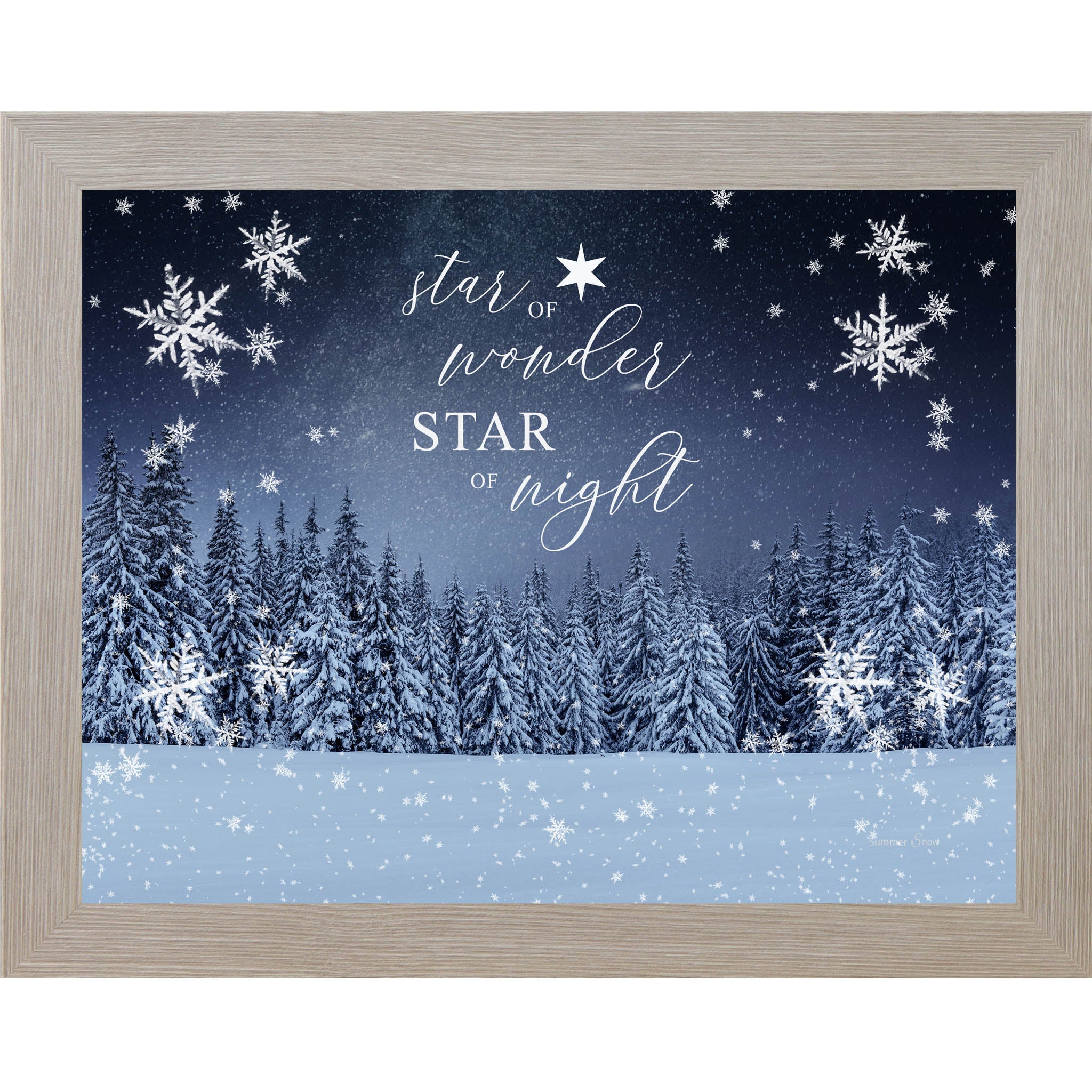 Winter forest Christmas wall art featuring snowy evergreen trees under a starry night sky with the phrase Star of Wonder Star of Night in elegant script.