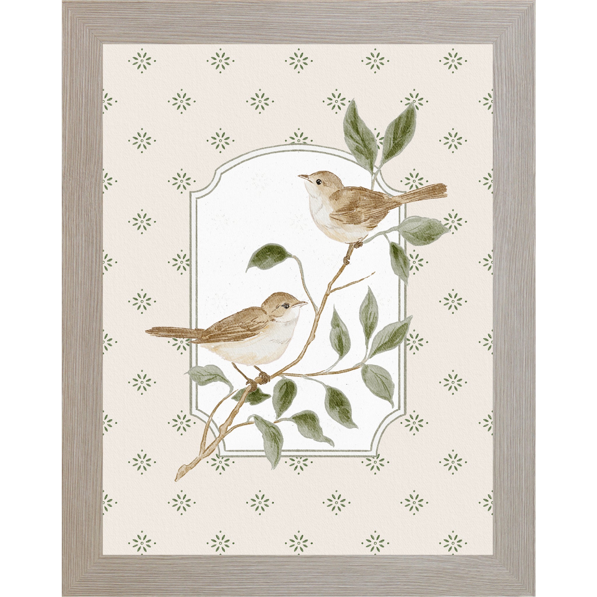 Monte Carlo Color Frame Vertical botanical bird wall art featuring two tan sparrows on branch with soft neutral star pattern background inside decorative frame panel.