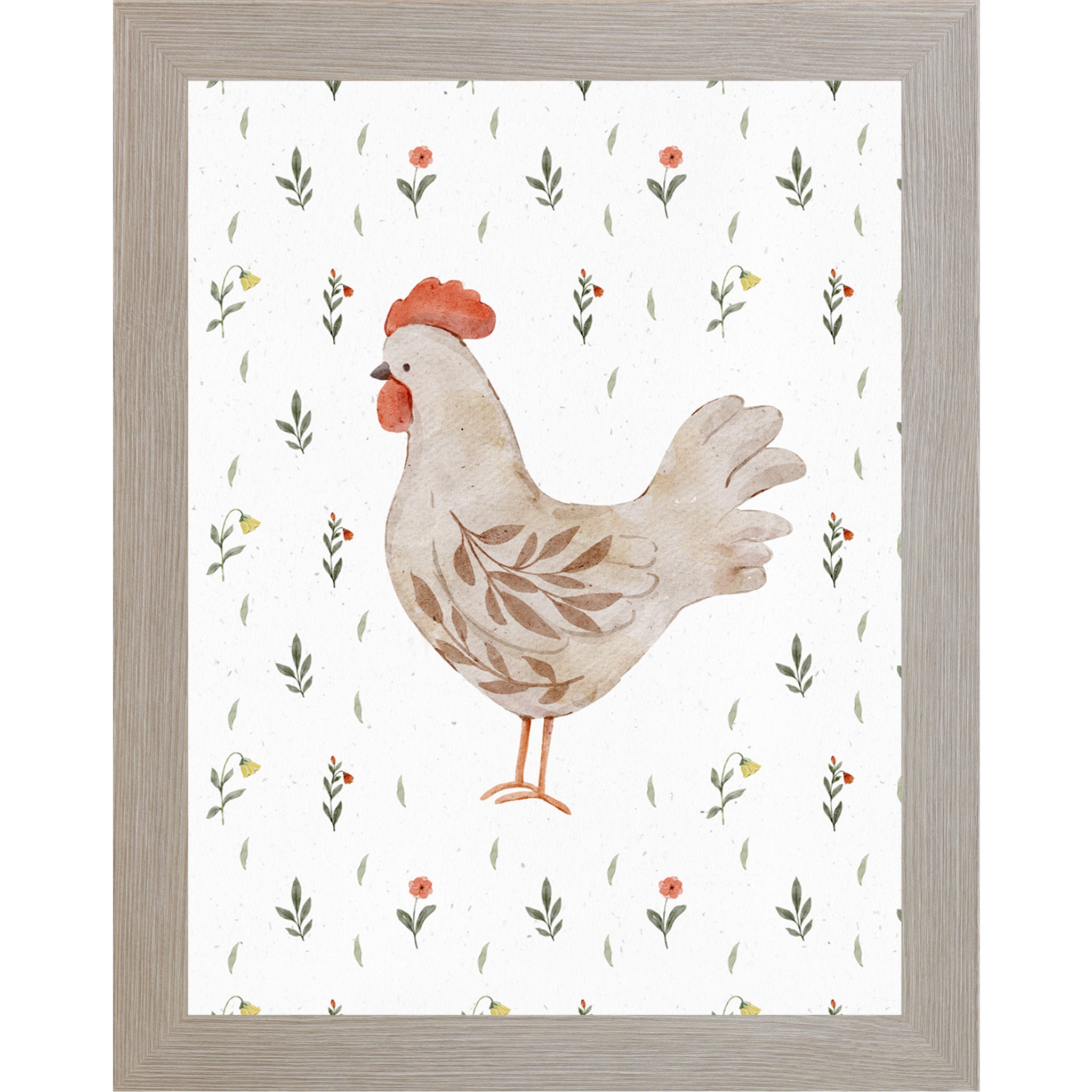 Left facing watercolor hen wall art with neutral farmhouse chicken illustration and delicate florals.