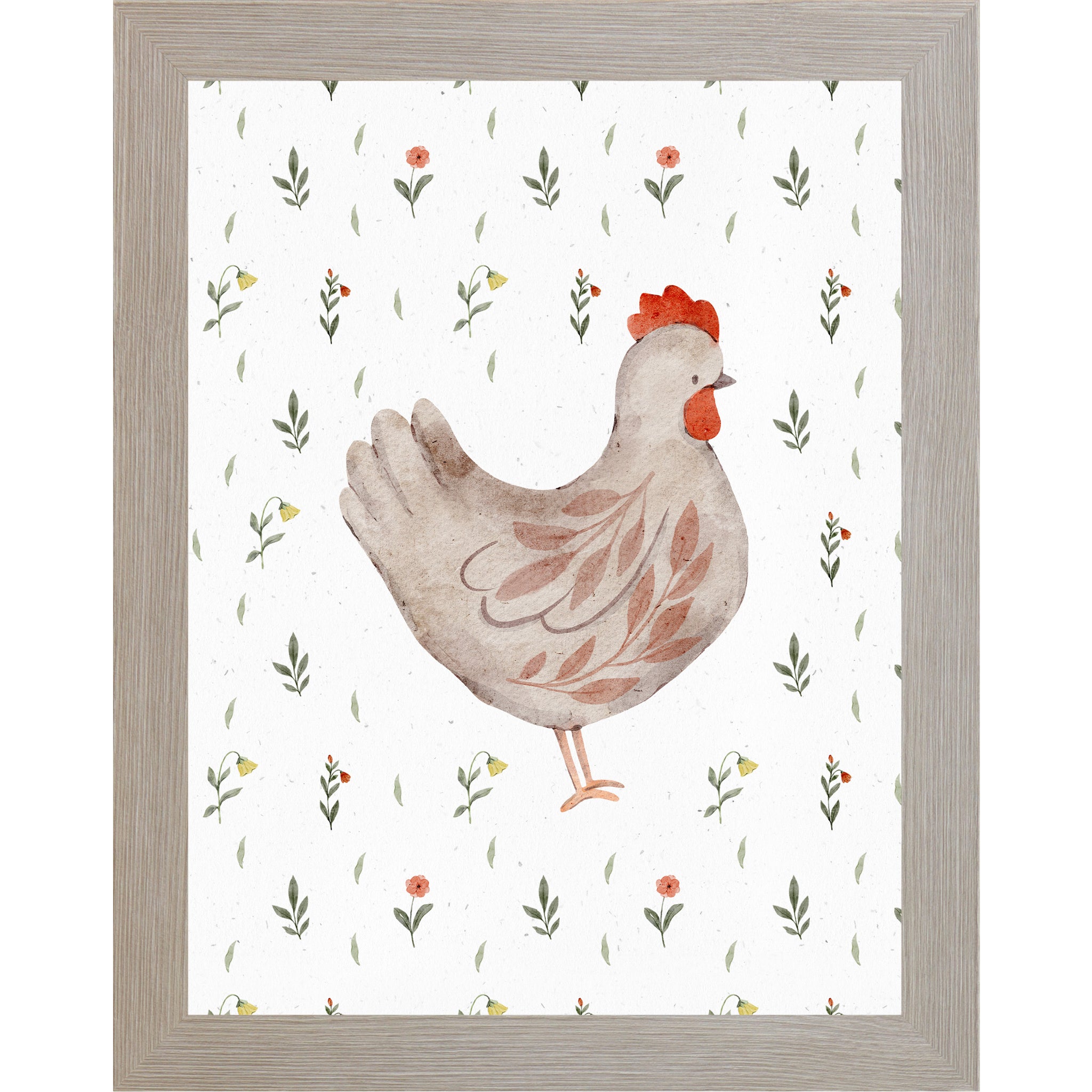 Right facing watercolor chicken wall art with neutral hen illustration and small florals on a farmhouse white background.