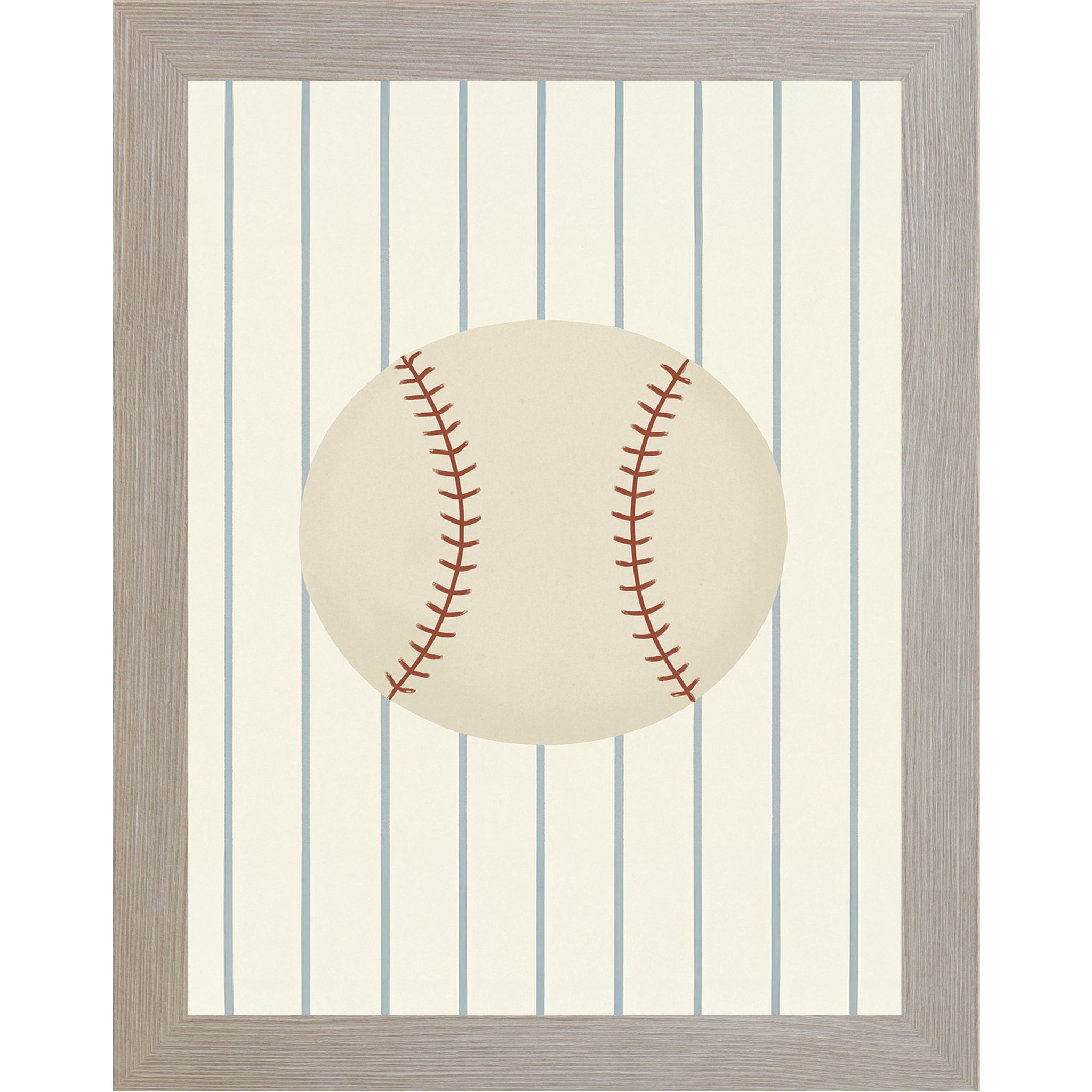 Monte Carlo framed portrait baseball wall art featuring a vintage cream baseball with red stitching centered on soft blue pinstripes — SB204