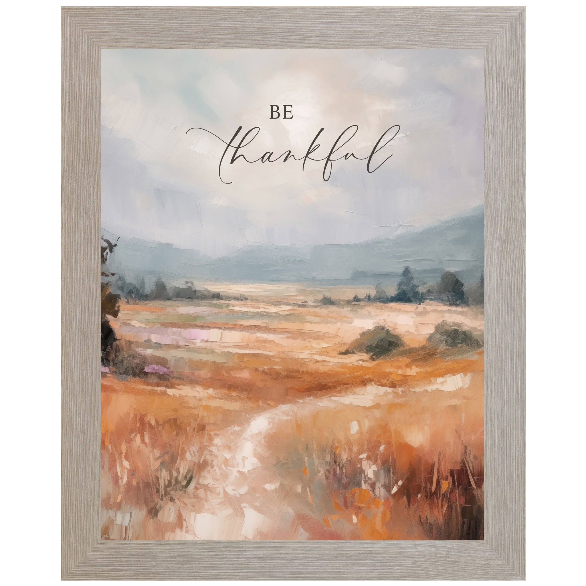 Monte Carlo framed portrait inspirational wall art with Be Thankful in elegant script over soft peach blush terracotta abstract painterly landscape with pale blue-grey sky
