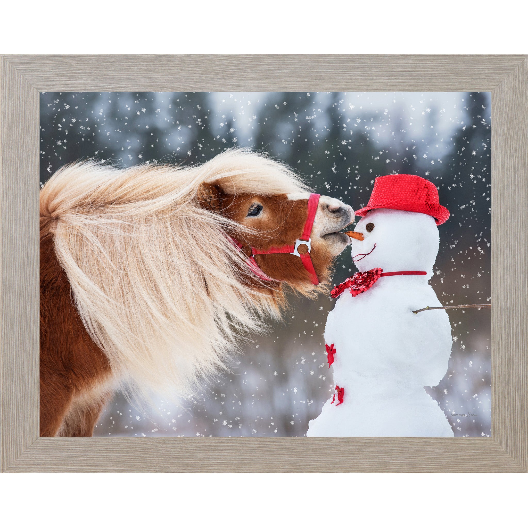 Monte Carlo framed landscape equine wall art featuring a chestnut Haflinger pony with flowing blonde mane stealing a carrot from a red-hatted snowman in falling snow — Can't Resist SN338