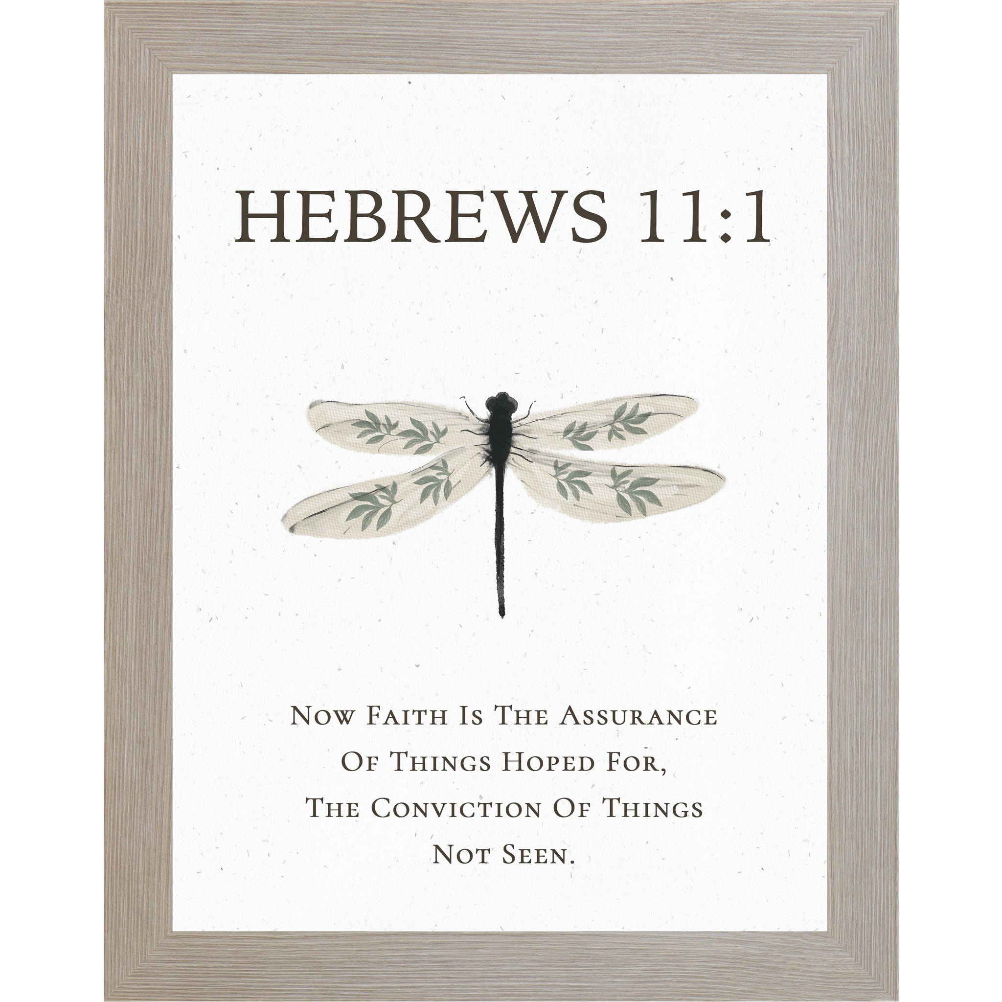 Hebrews 11:1 Christian dragonfly wall art featuring a large watercolor dragonfly with botanical wing details on a neutral white background, framed decor available in multiple sizes.