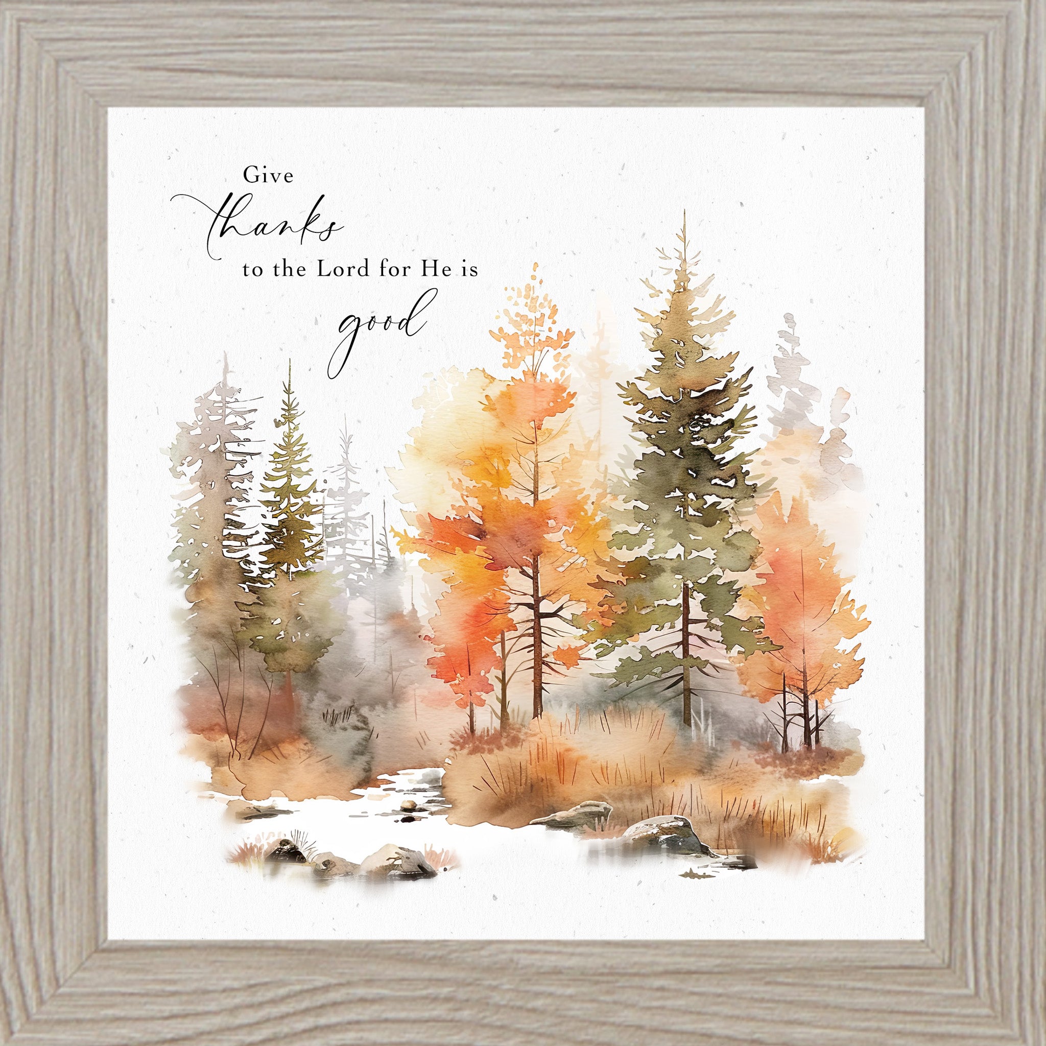 Monte Carlo framed square fall scripture wall art featuring watercolor autumn pine and deciduous forest in amber orange and gold tones with the words Give Thanks to the Lord for He is Good Psalm 136:1 on soft white background — SN170