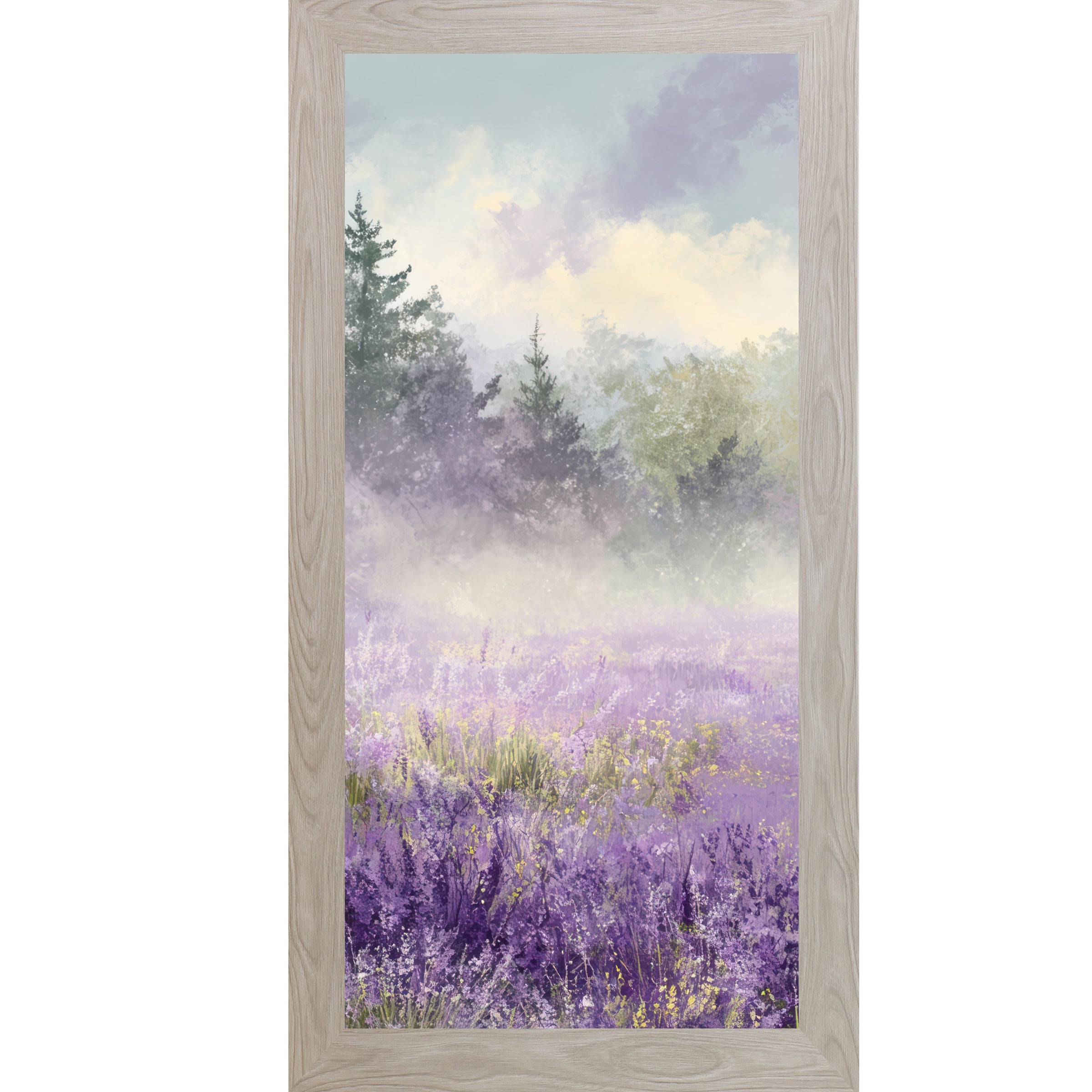 Monte Carloframed tall portrait floral wall art featuring a misty lavender wildflower field with two dark evergreen trees upper left and golden light breaking through a dramatic violet sky — Lavender Field Left Panel SB746