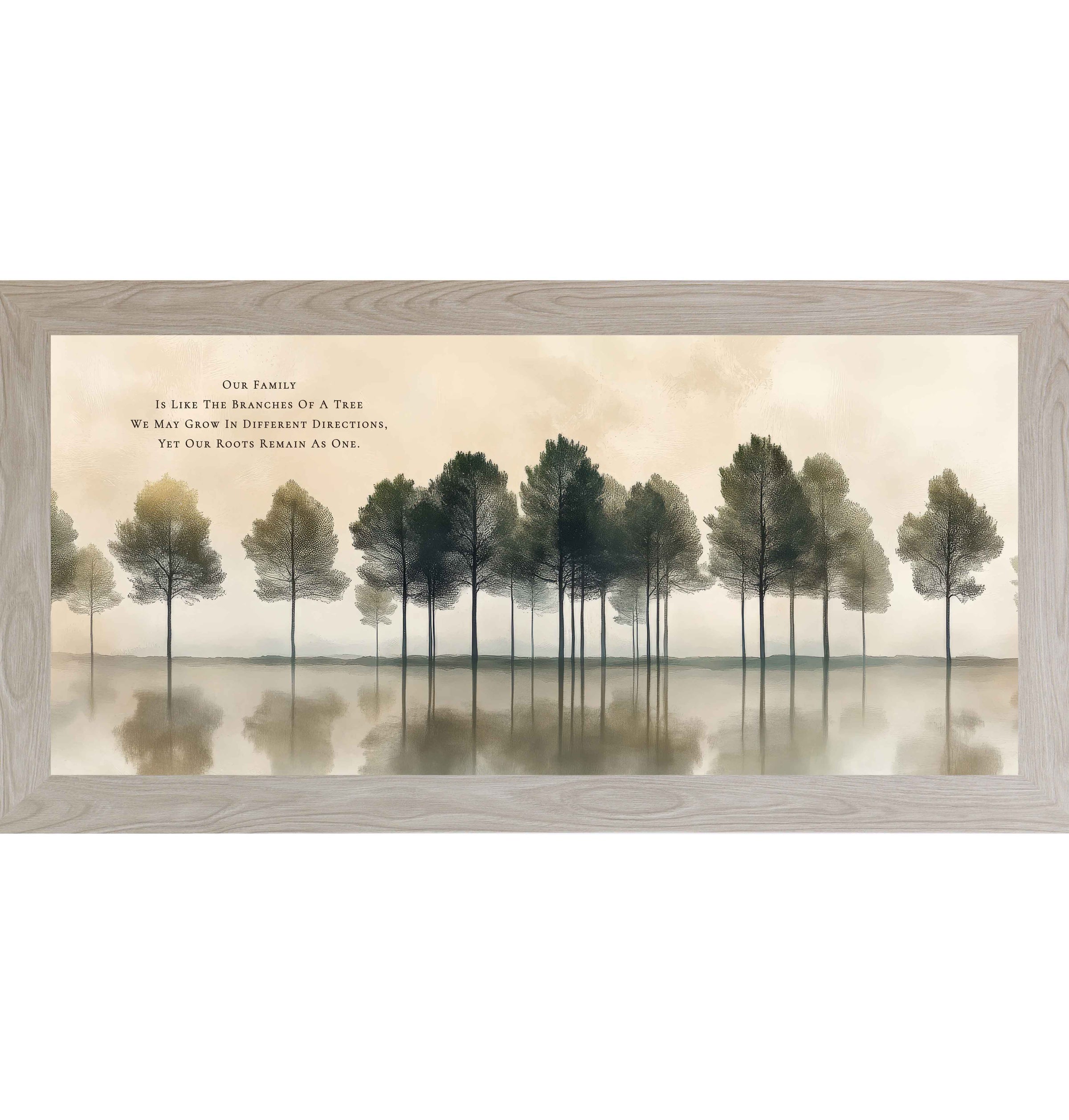Neutral family wall art featuring misty trees reflected in calm water with the quote “Our Family Is Like the Branches of a Tree, We May Grow in Different Directions Yet Our Roots Remain as One”