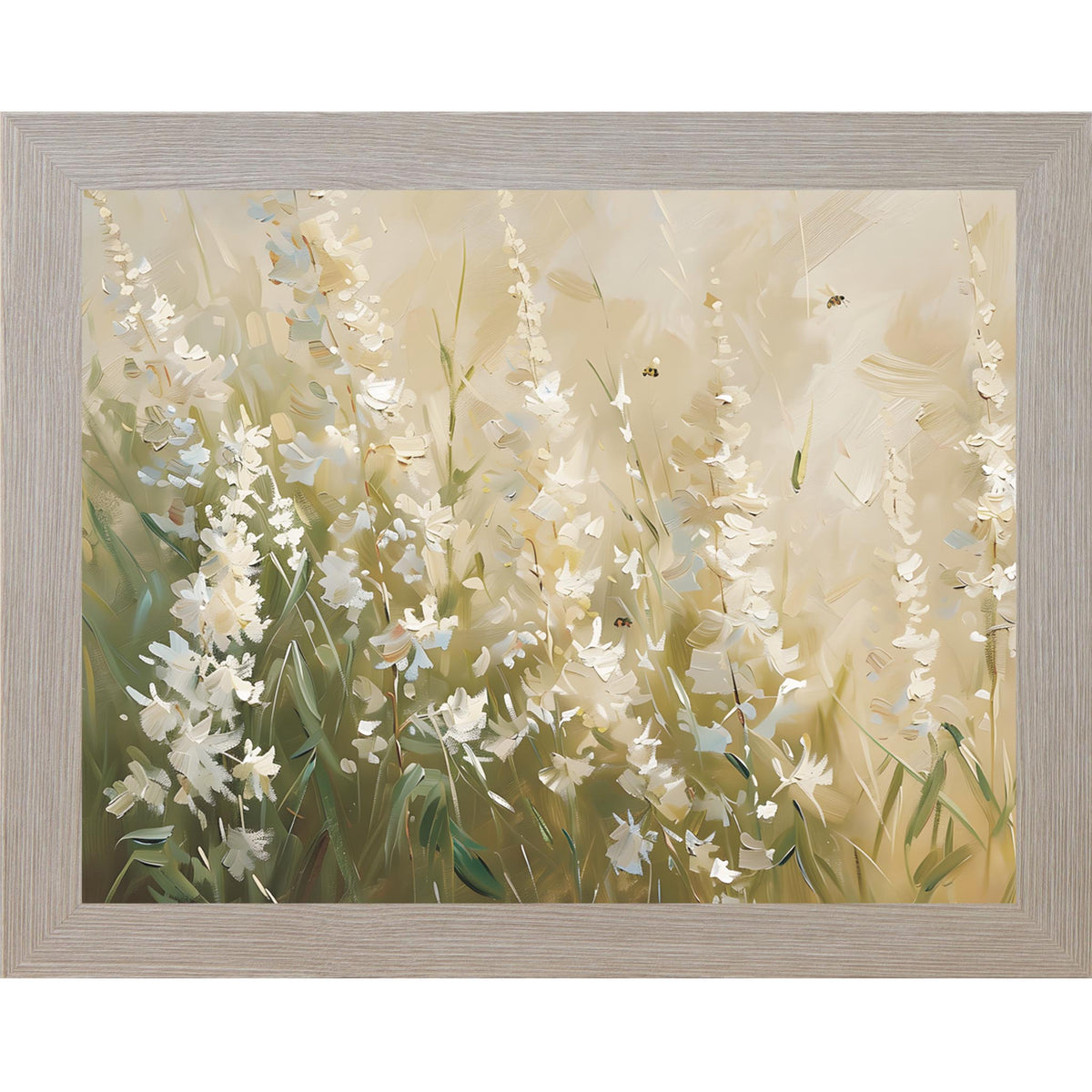 Soft watercolor floral wall art with white blossoms and bees flying through a spring field, neutral botanical decor in framed artwork.
