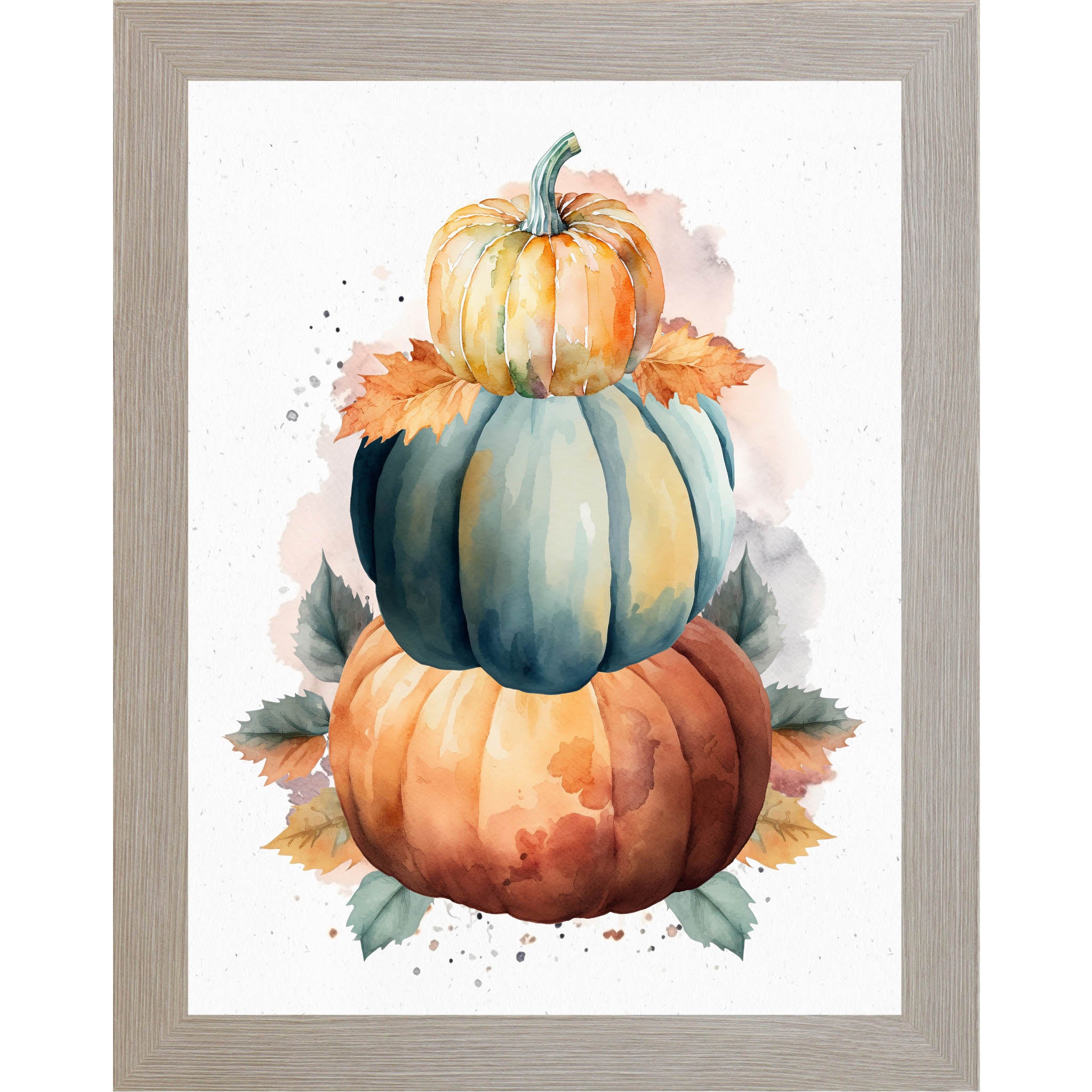 Monte Carlo framed portrait fall wall art featuring three stacked watercolor pumpkins in bold orange teal and golden yellow with amber green and rust fall leaves on soft white background — NS393