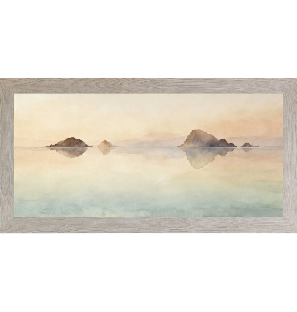 Framed calm lake wall art featuring still water with soft reflections, distant landforms, and watercolor tones of blue, blush, and warm tan sky in a wide horizontal format.