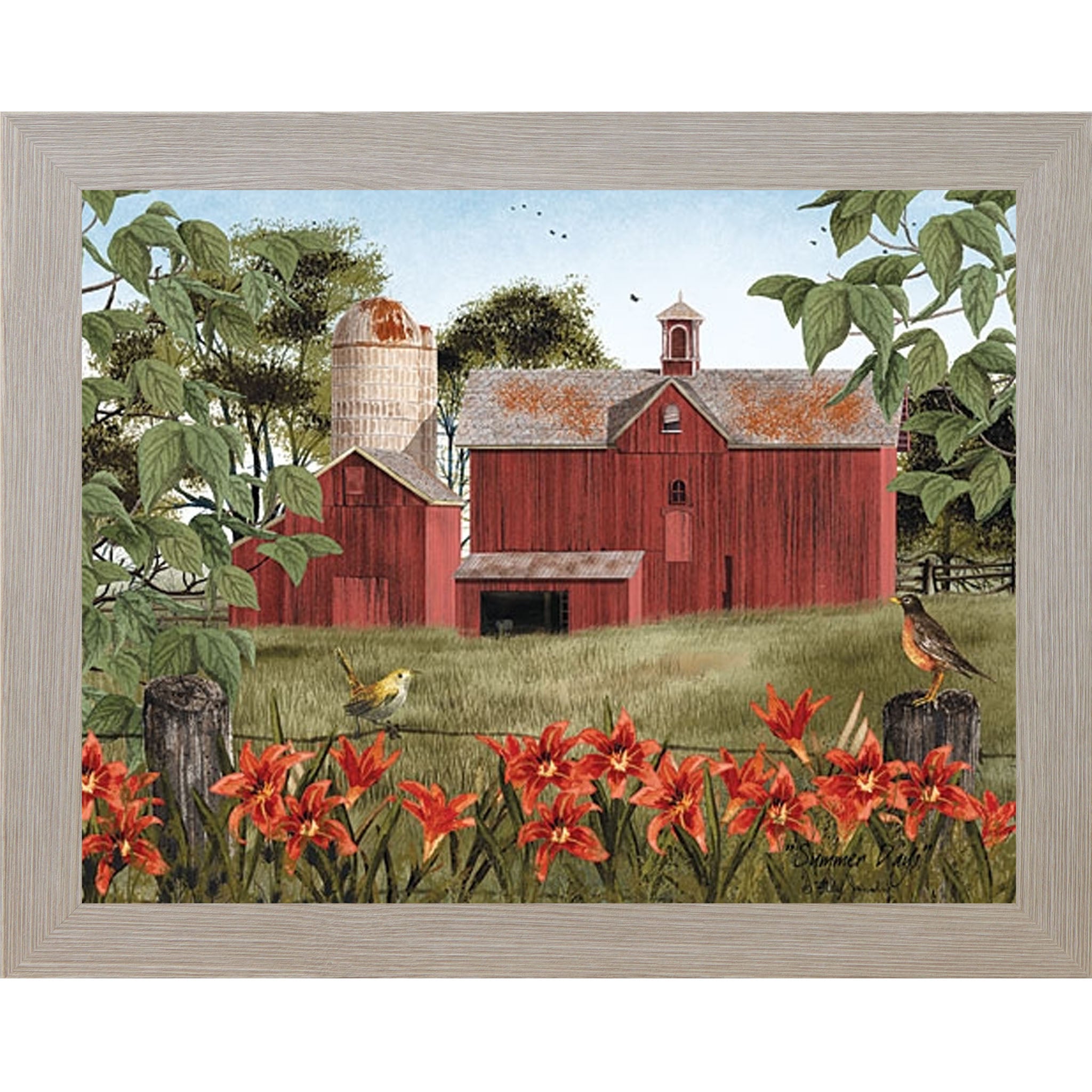 Monte Carlo framed landscape Billy Jacobs wall art print of a red barn and silo surrounded by orange day lilies and meadowlarks in a lush summer field titled "Summer Days"