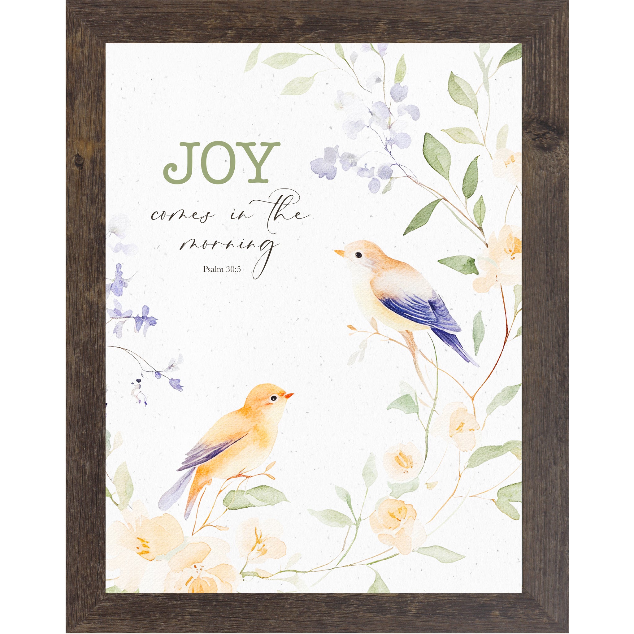 Natural brown frame color Framed watercolor wall art featuring two small birds perched among floral branches with the scripture “Joy Comes in the Morning – Psalm 30:5” on a neutral textured background.