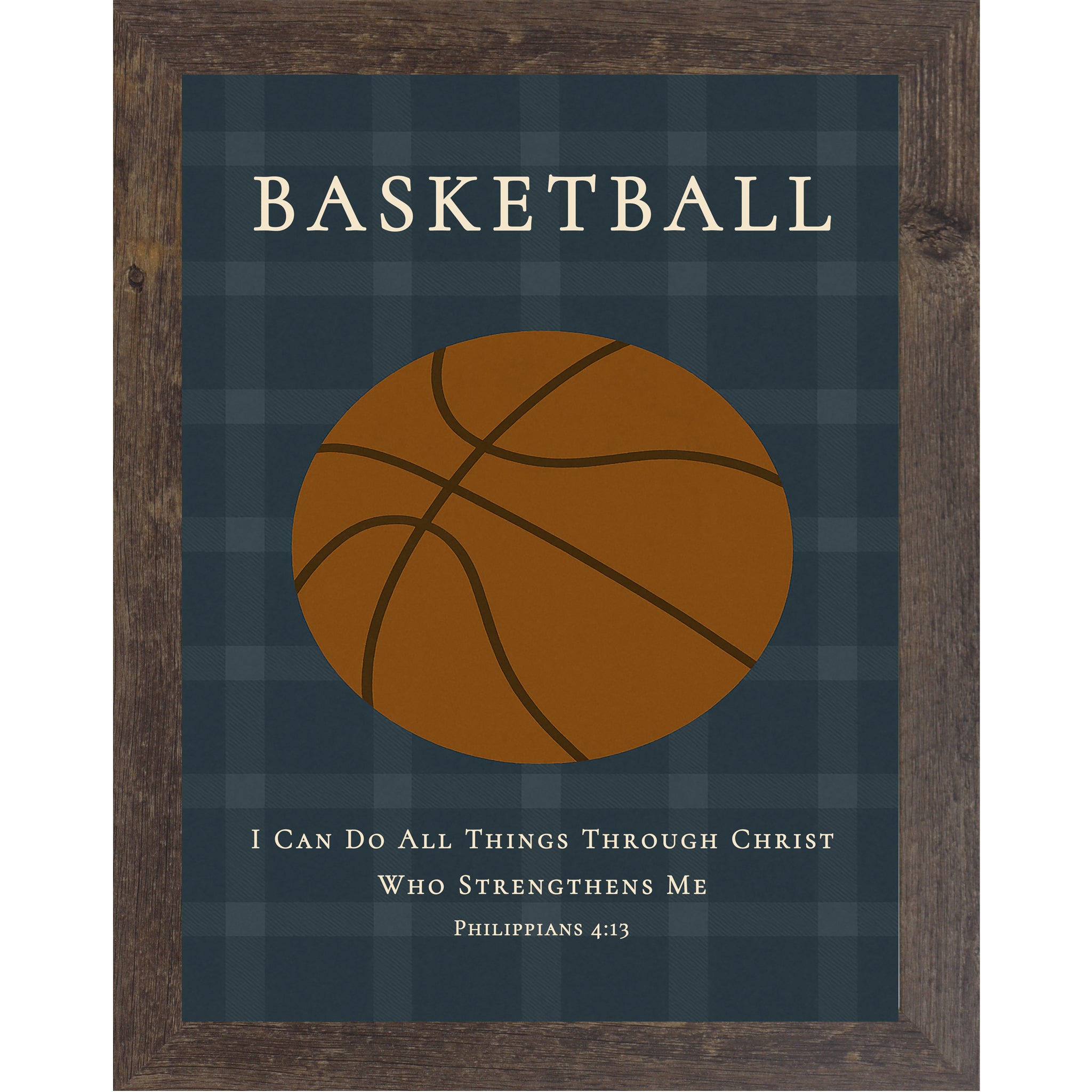 Natural Brown colored frame of Christian basketball wall art featuring a basketball illustration with the Bible verse Philippians 4:13 on a blue plaid background.