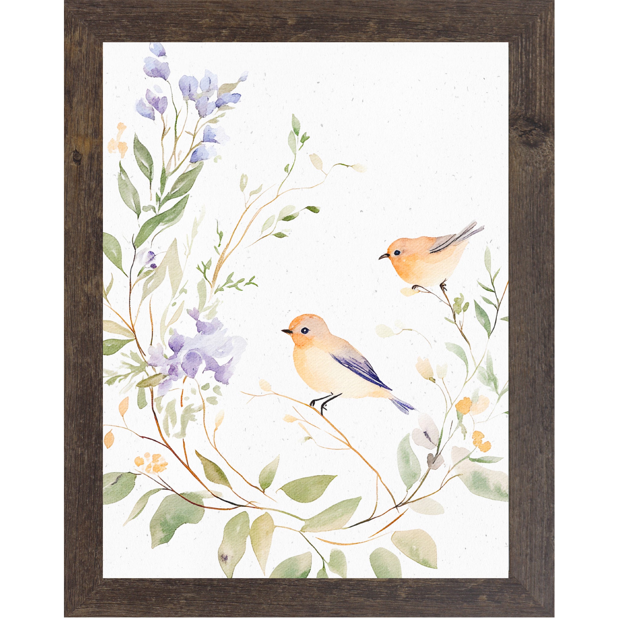 Natural Brown color Framed watercolor wall art featuring two small birds perched on a floral branch with green leaves and soft lavender flowers on a neutral white background.