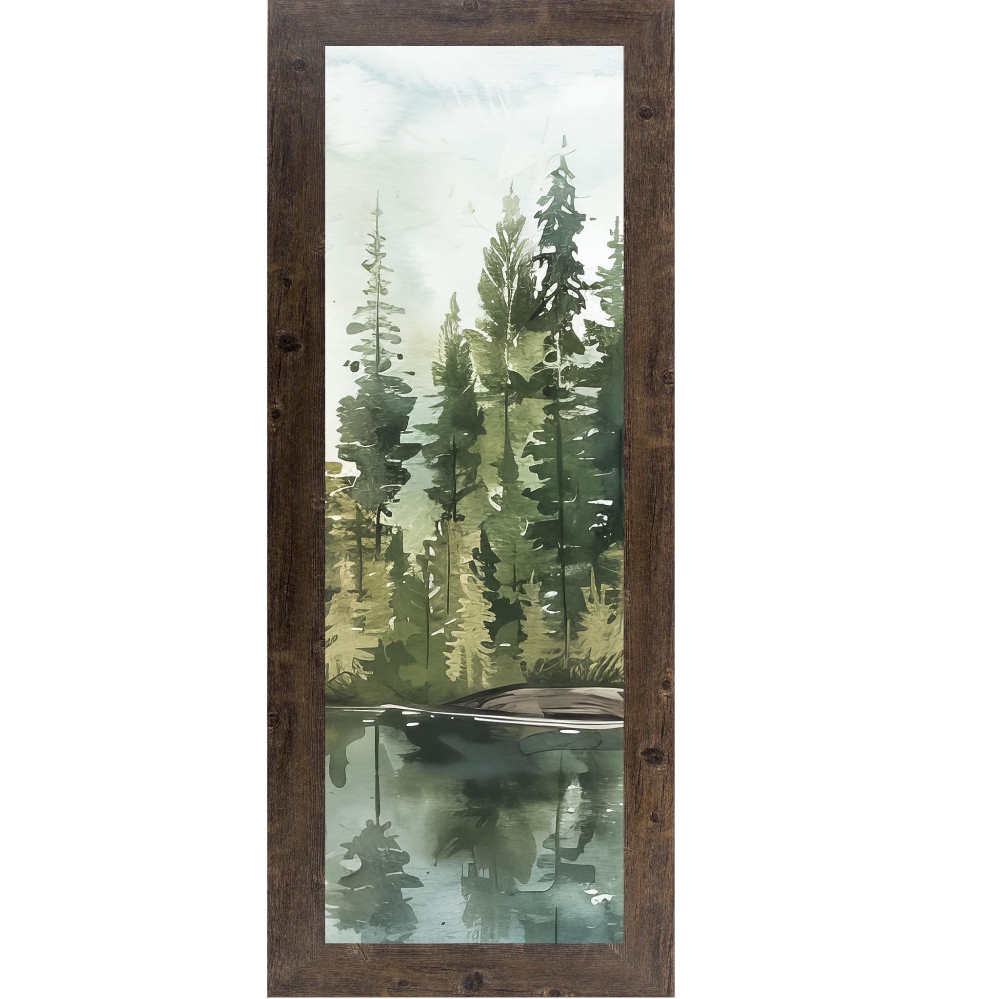 Misty Pine Lake Watercolor Wall Art – Vertical Forest Reflection Framed Art (SB901) - Summer Snow Art