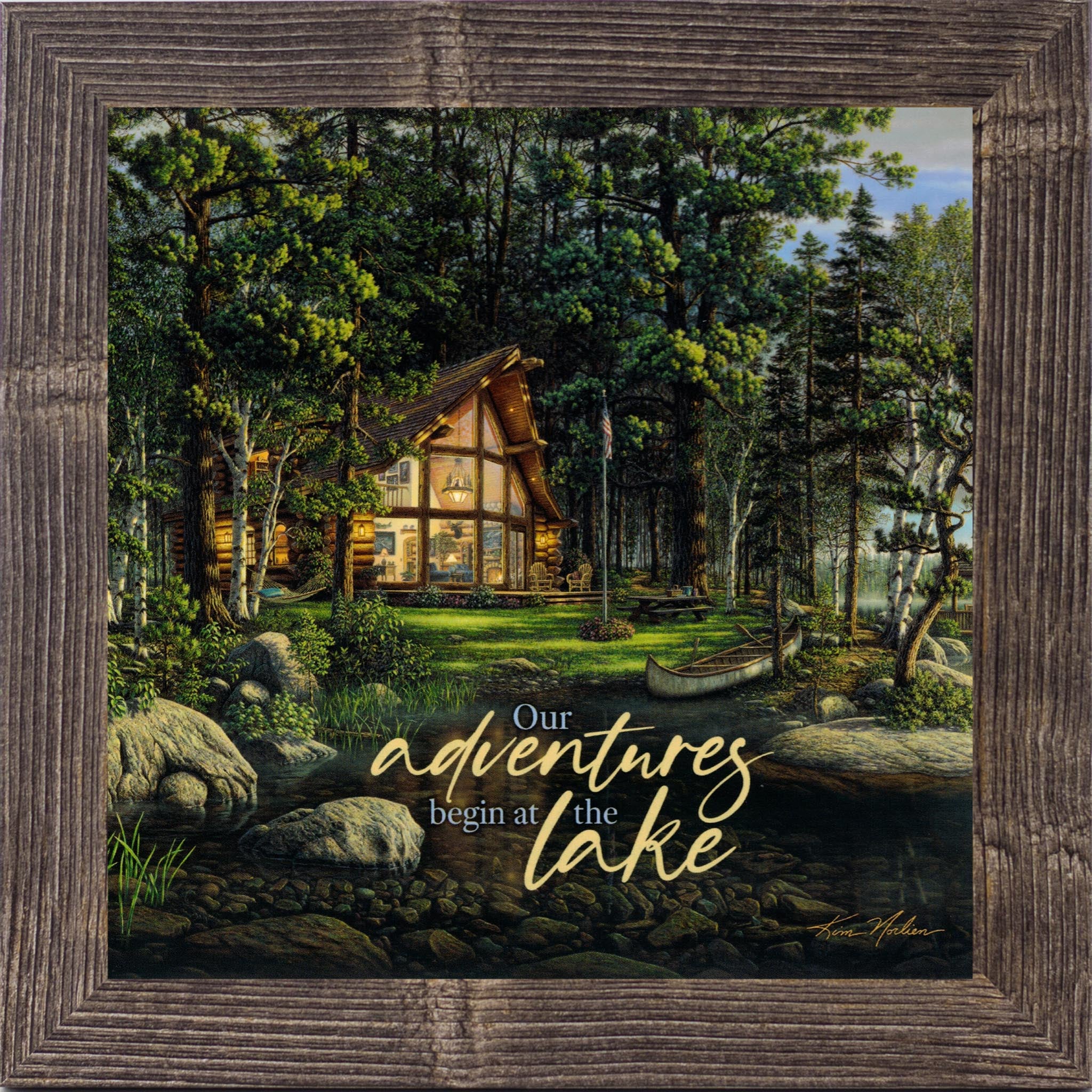 Our Adventures Begin at the Lake – Framed Lake House Wall Art with Cabin Scene (KN47)