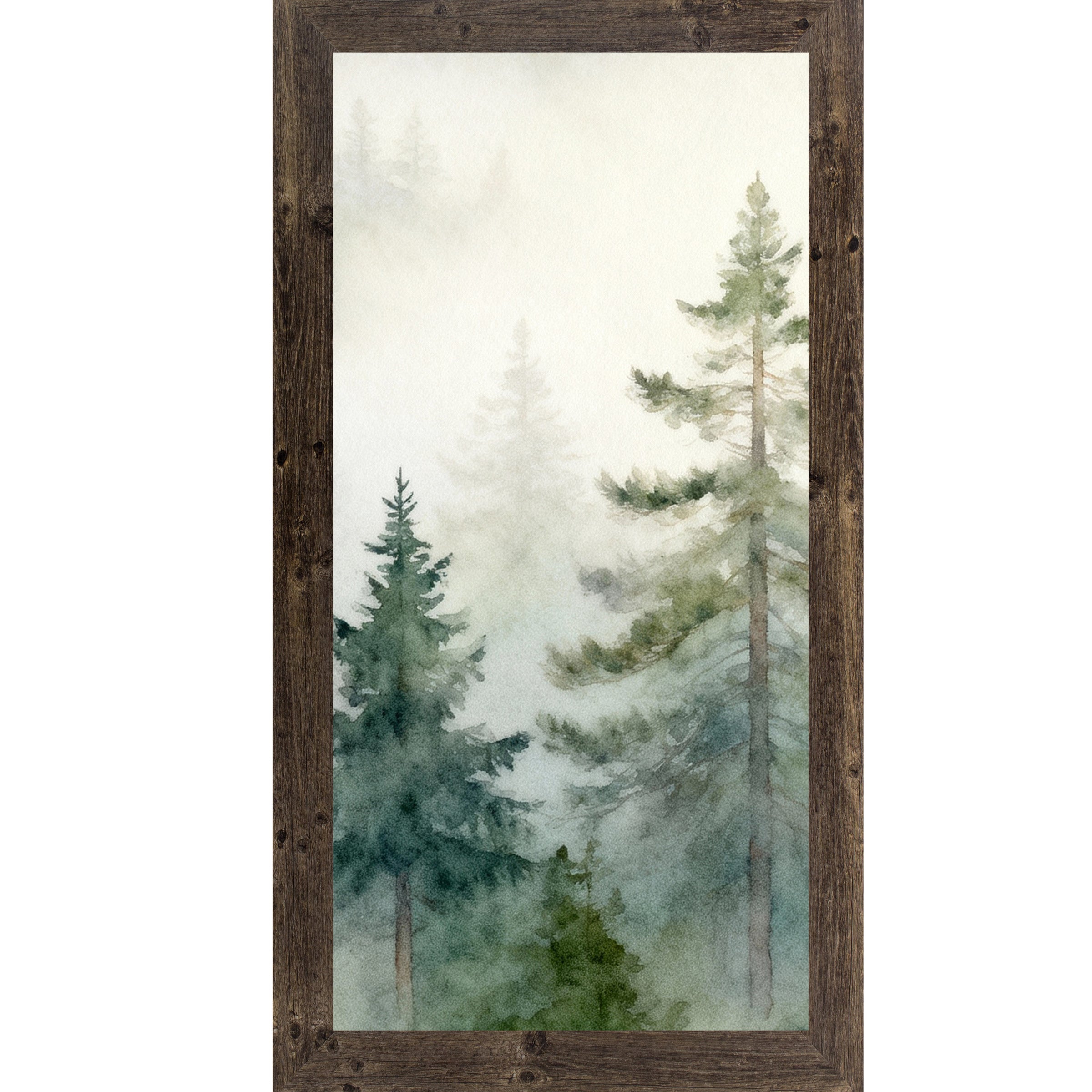 Misty Evergreen Forest – Vertical Watercolor Pine Tree Framed Wall Art | Serene Nature Decor (SB727)