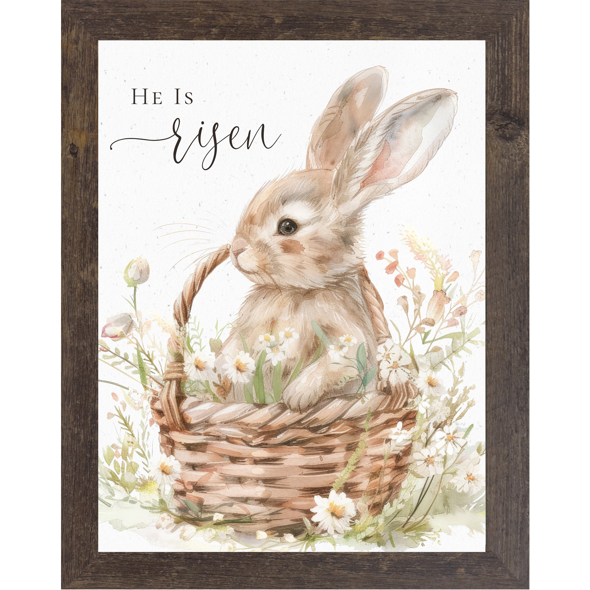 He Is Risen Easter Wall Art – Watercolor Bunny in Floral Basket, Christian Spring Decor (SB155)